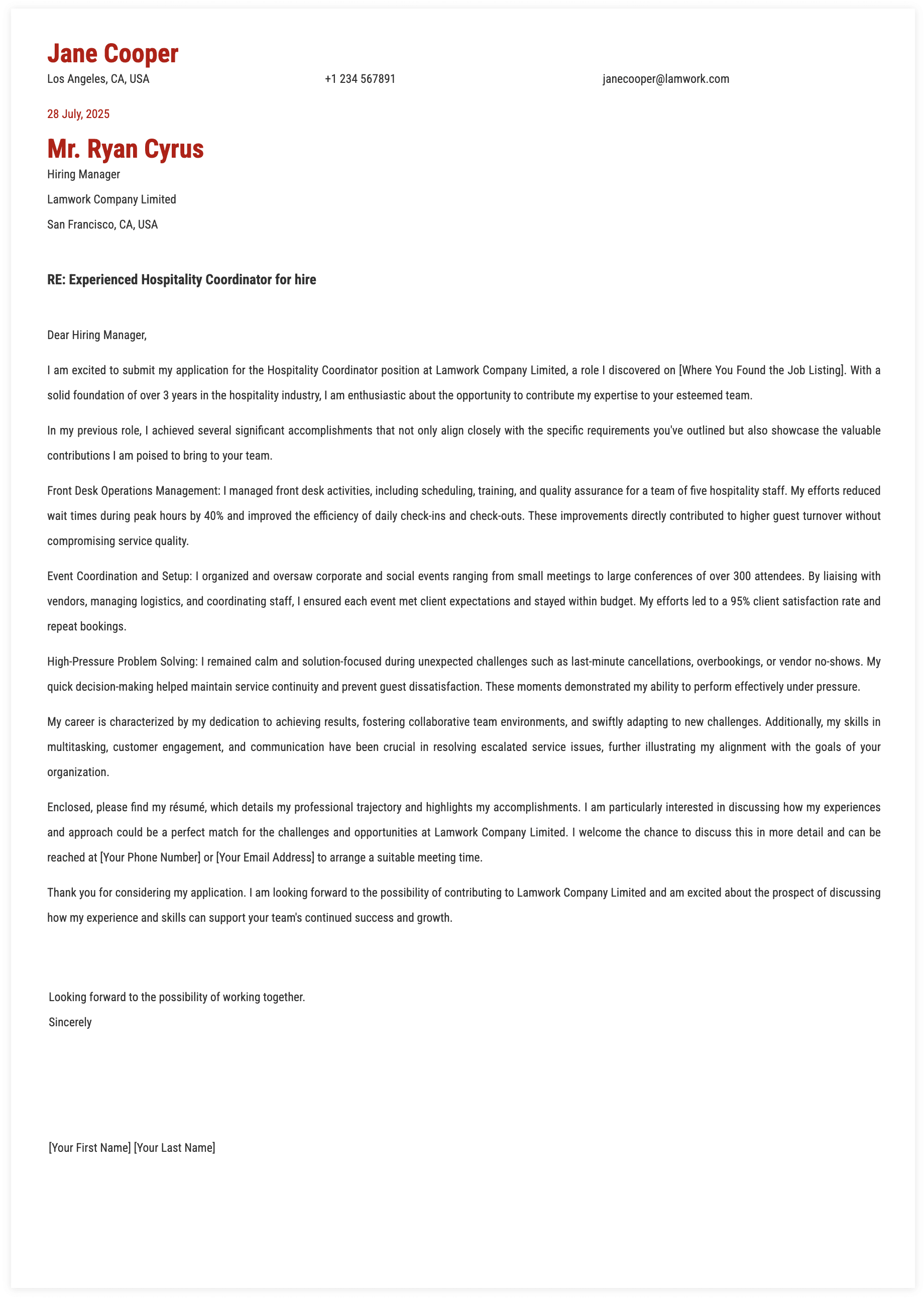 Hospitality Coordinator Cover Letter Template