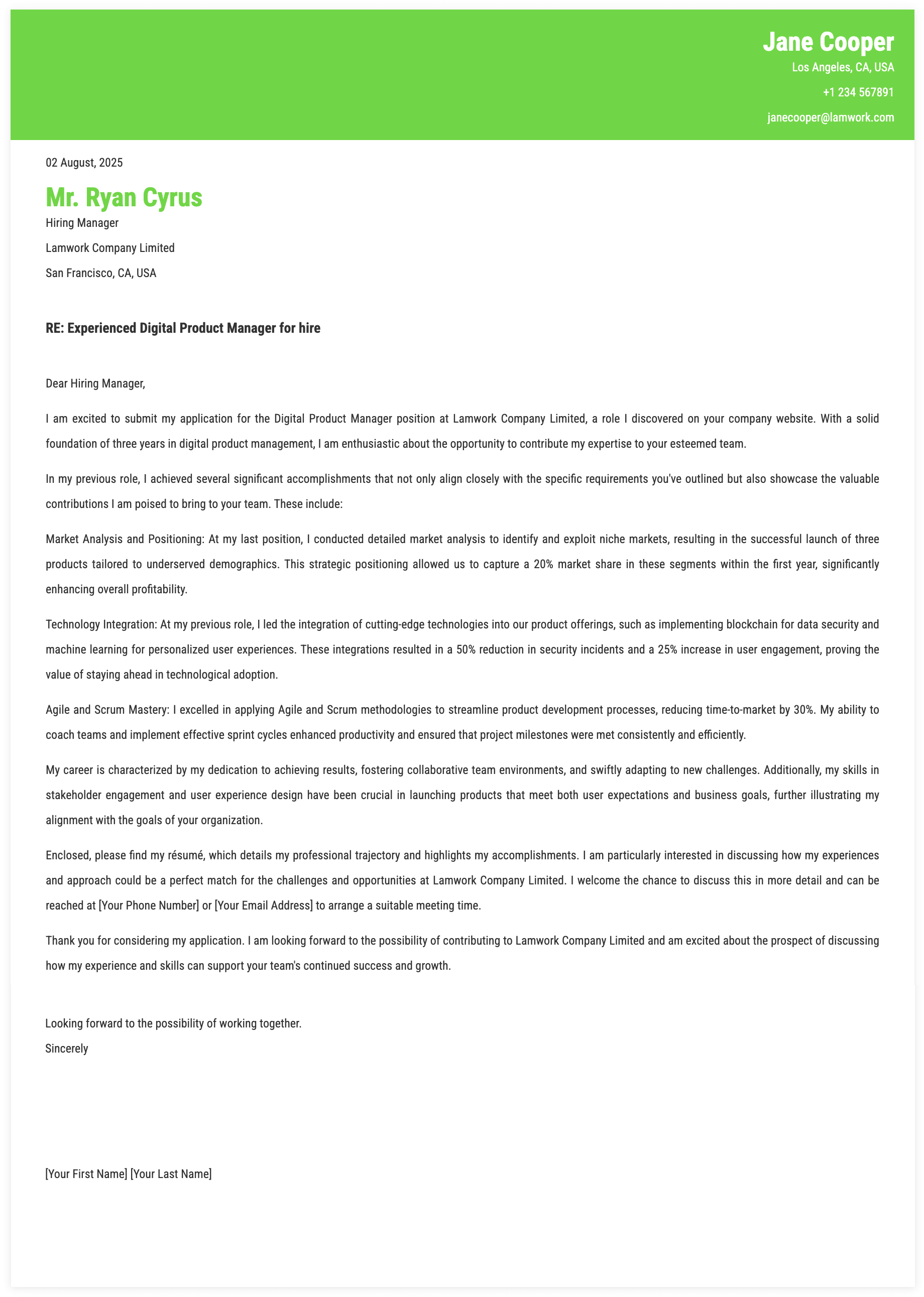 Digital Product Manager Cover Letter Template