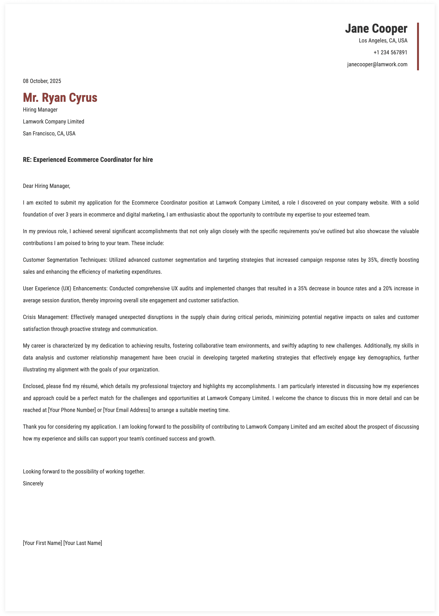 Ecommerce Coordinator Cover Letter Template