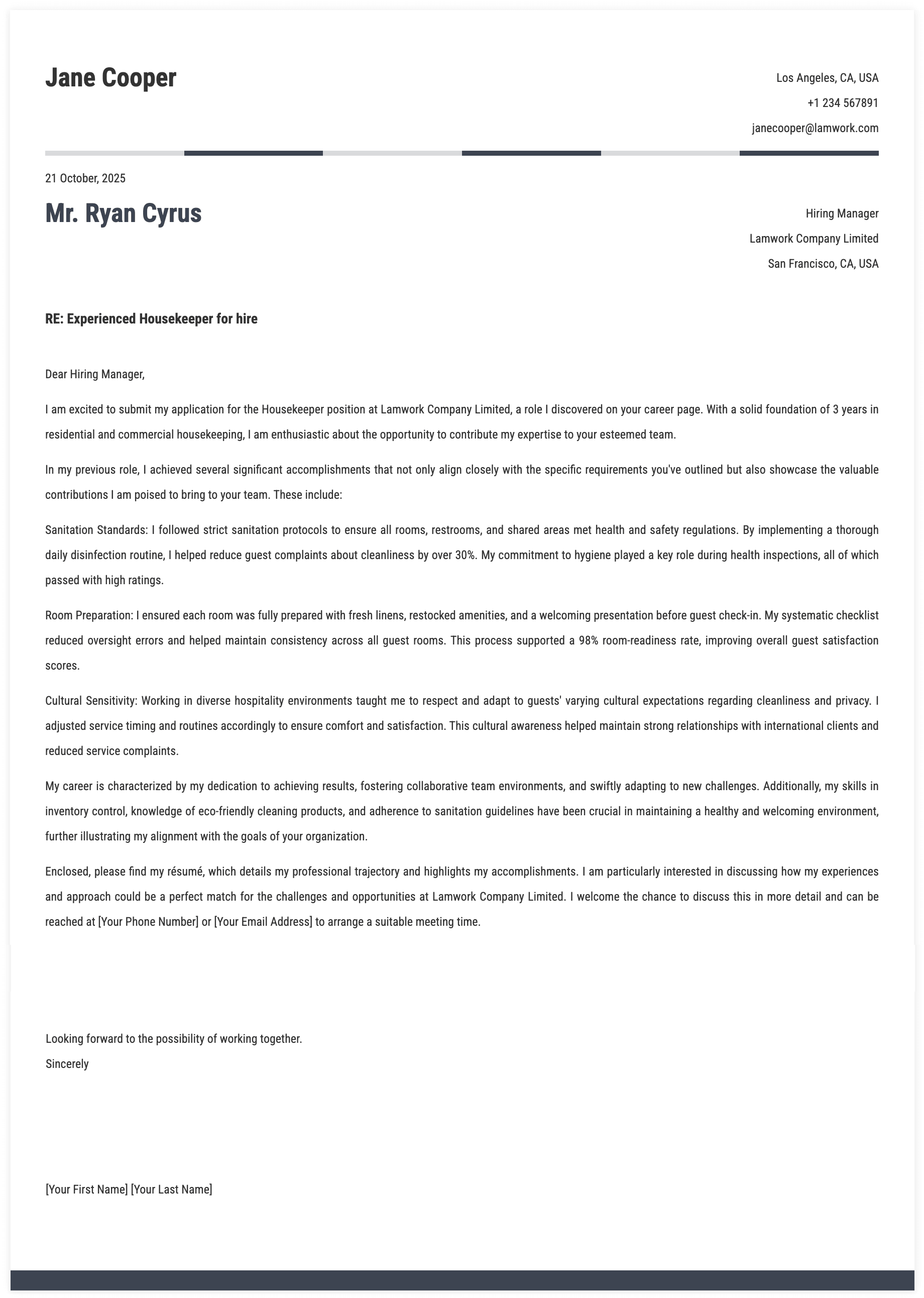 Housekeeper Cover Letter Template