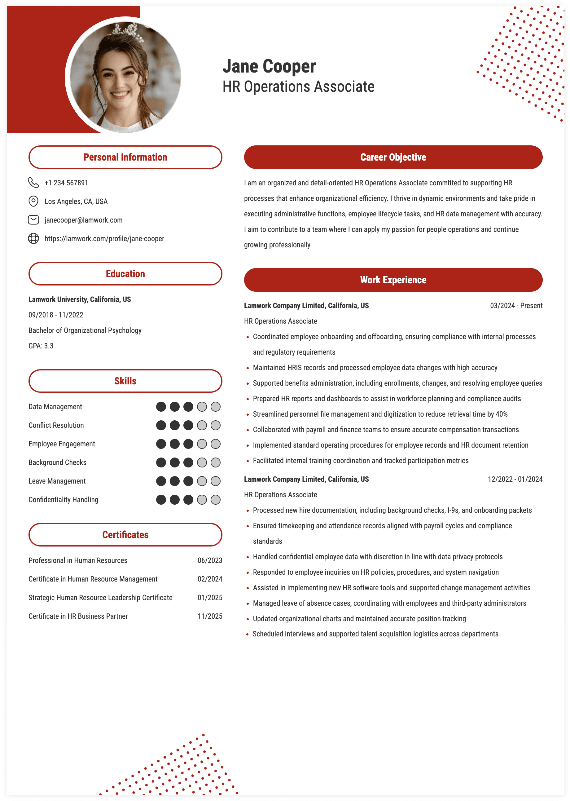 HR Operations Associate Resume Example