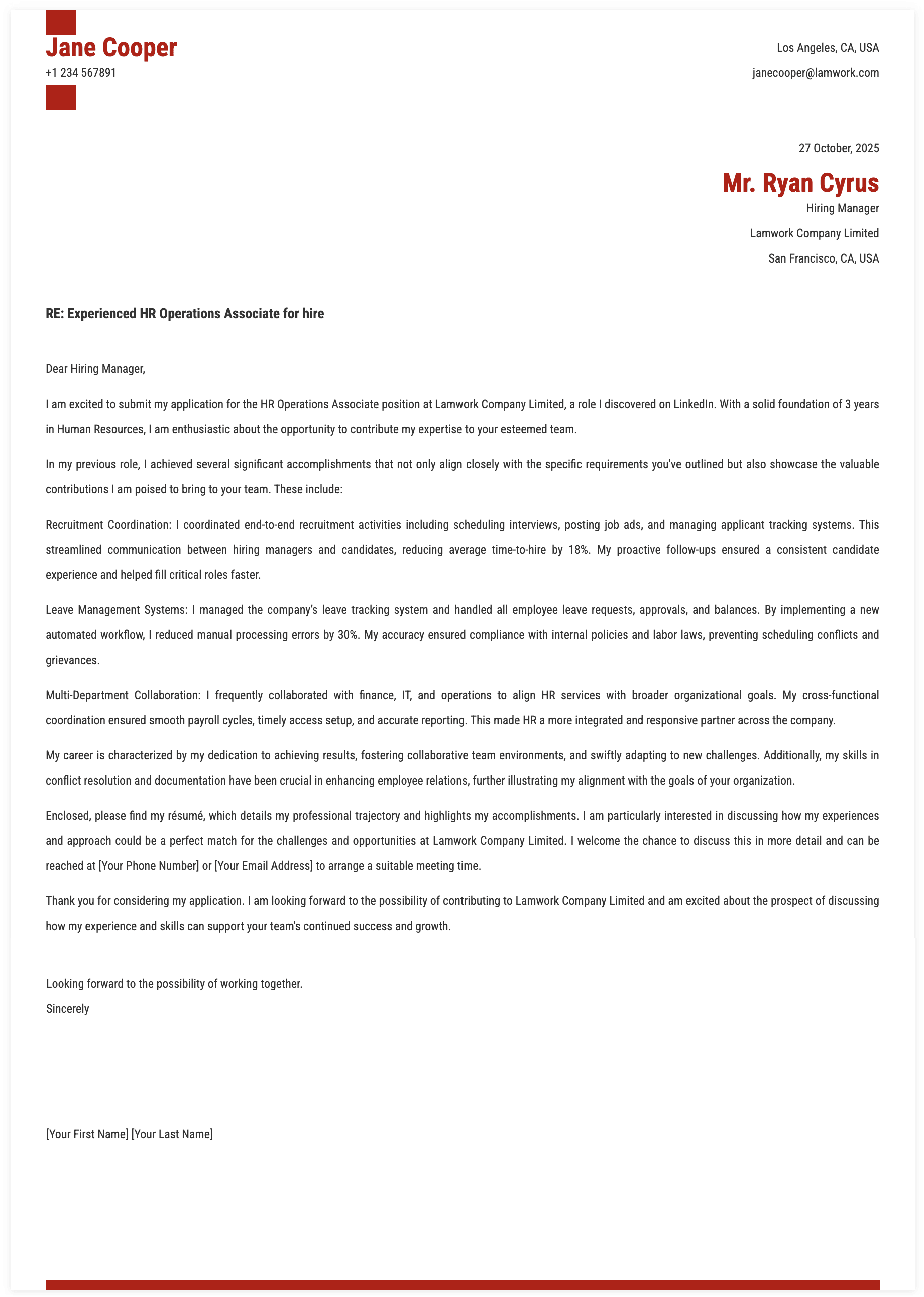 HR Operations Associate Cover Letter Template