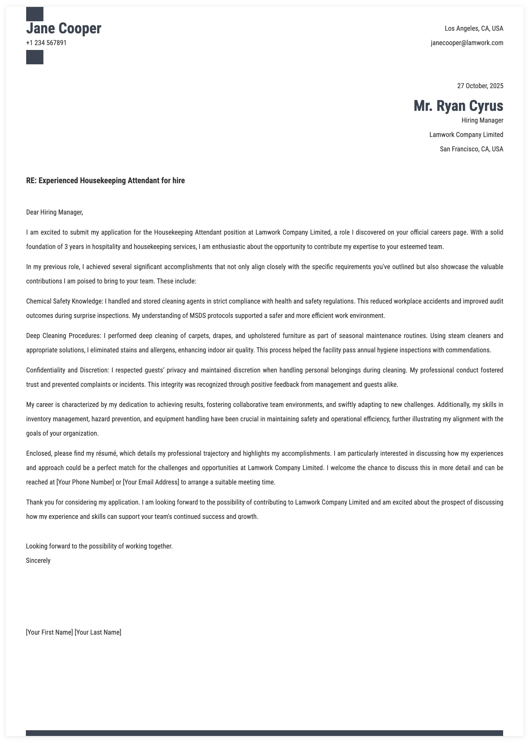 Housekeeping Attendant Cover Letter Template