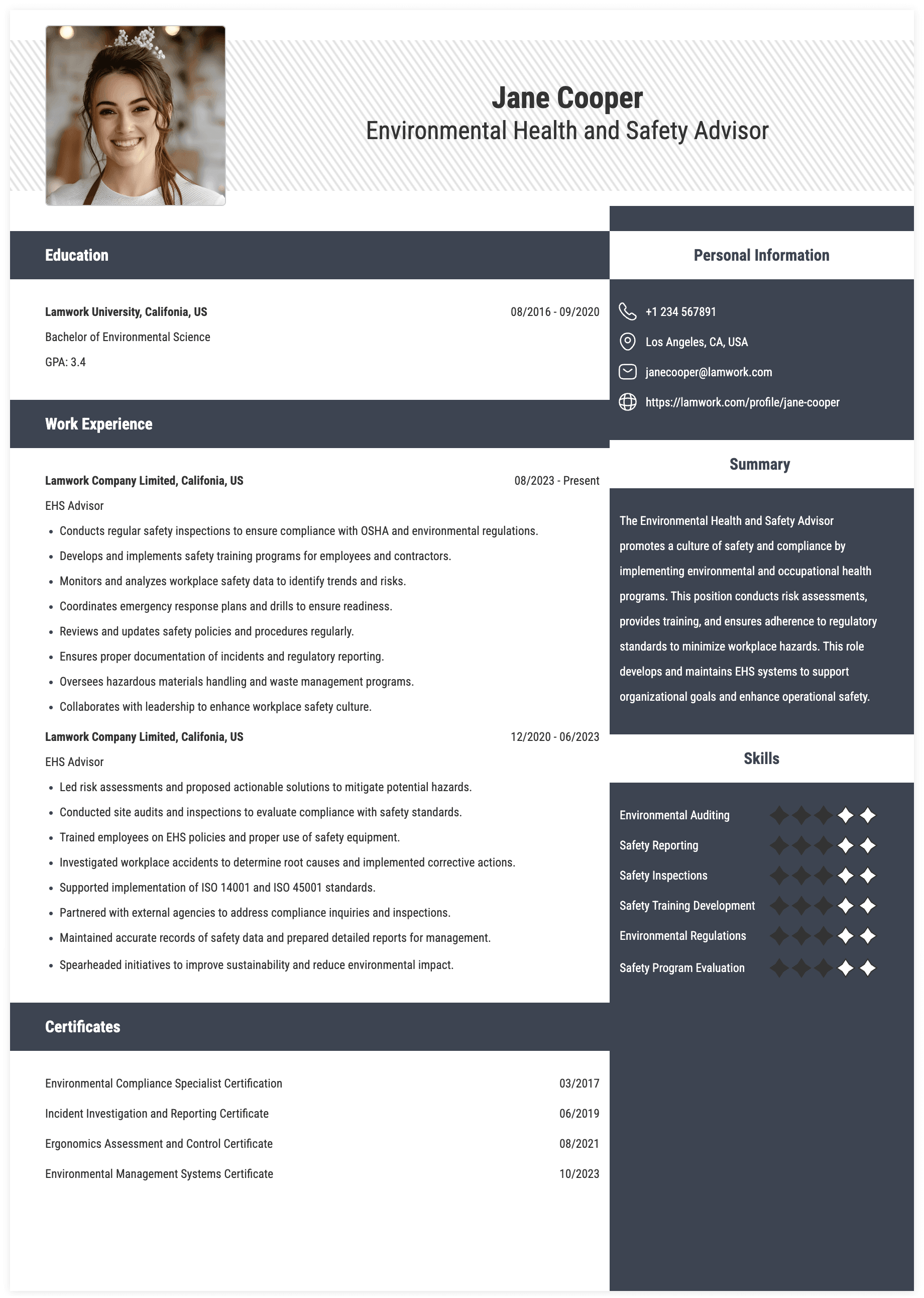 Environmental Health and Safety Advisor Resume Example