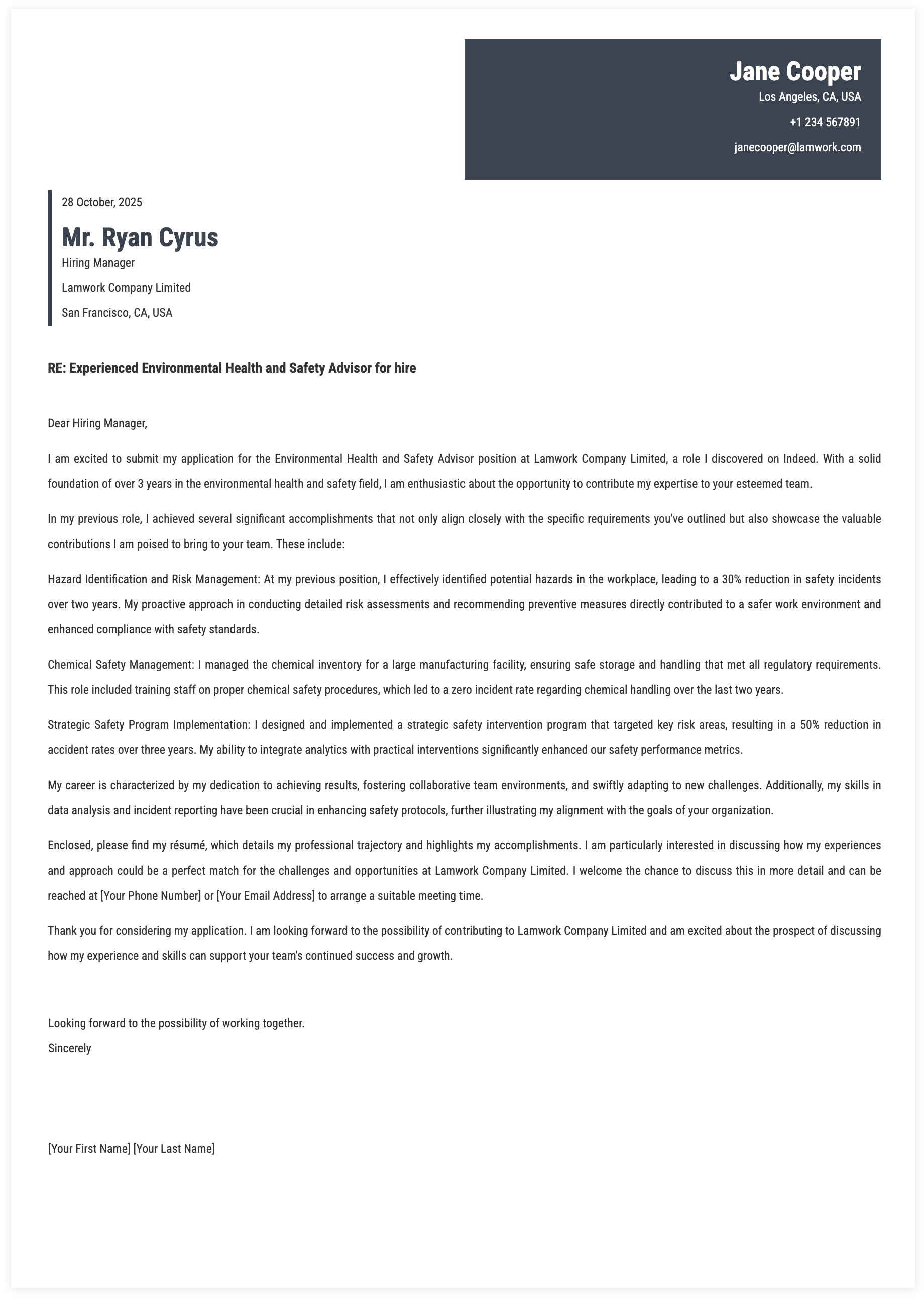 Environmental Health and Safety Advisor Cover Letter Template
