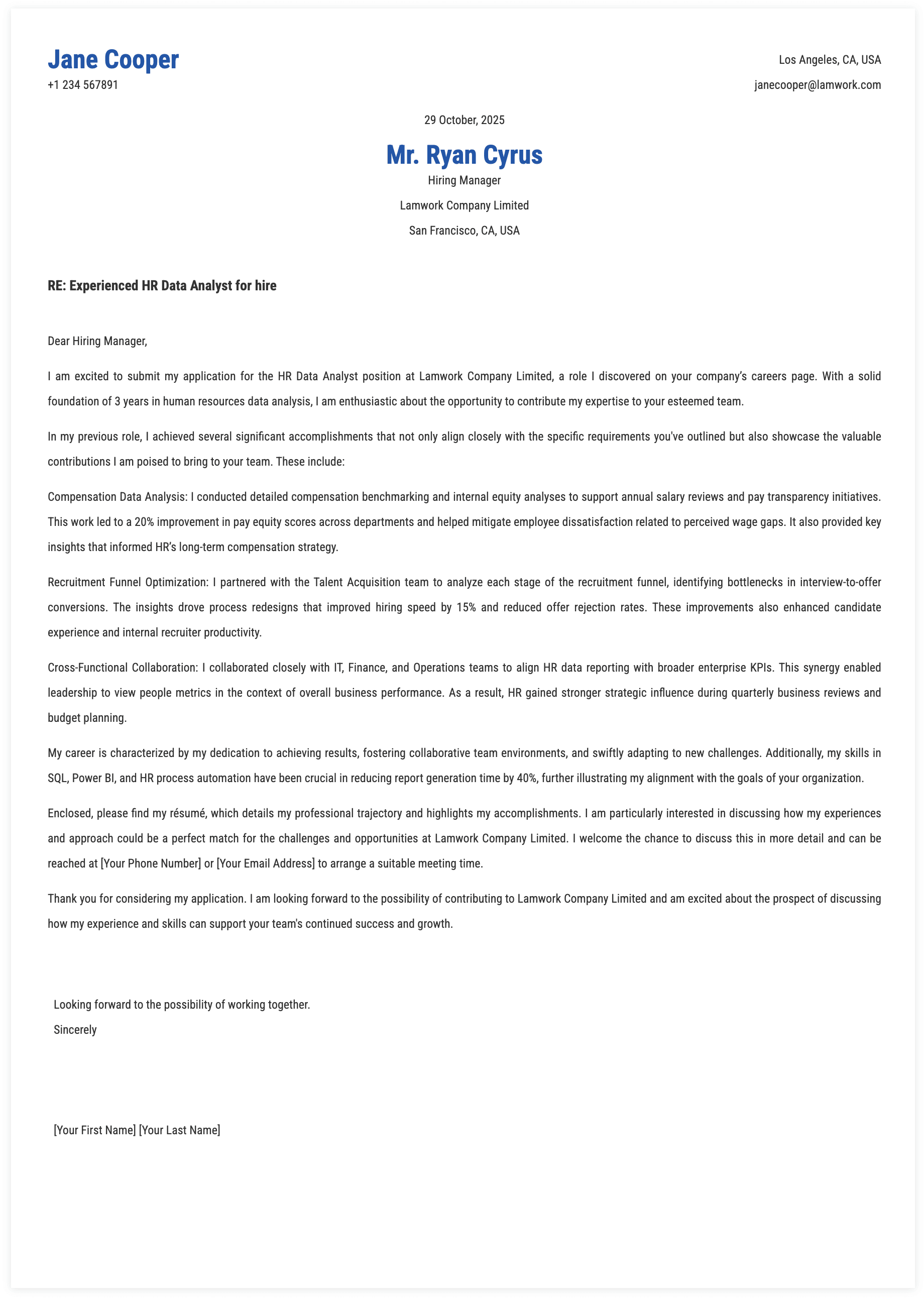 HR Data Analyst Cover Letter Template