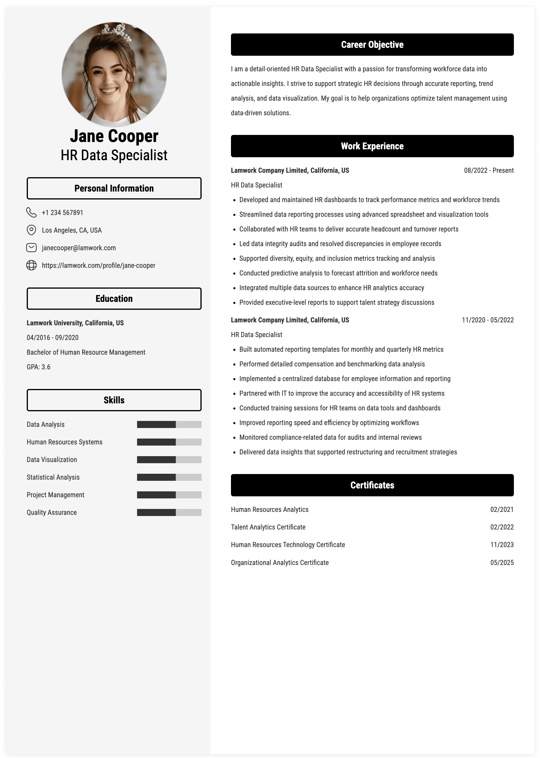 HR Data Specialist Resume Example
