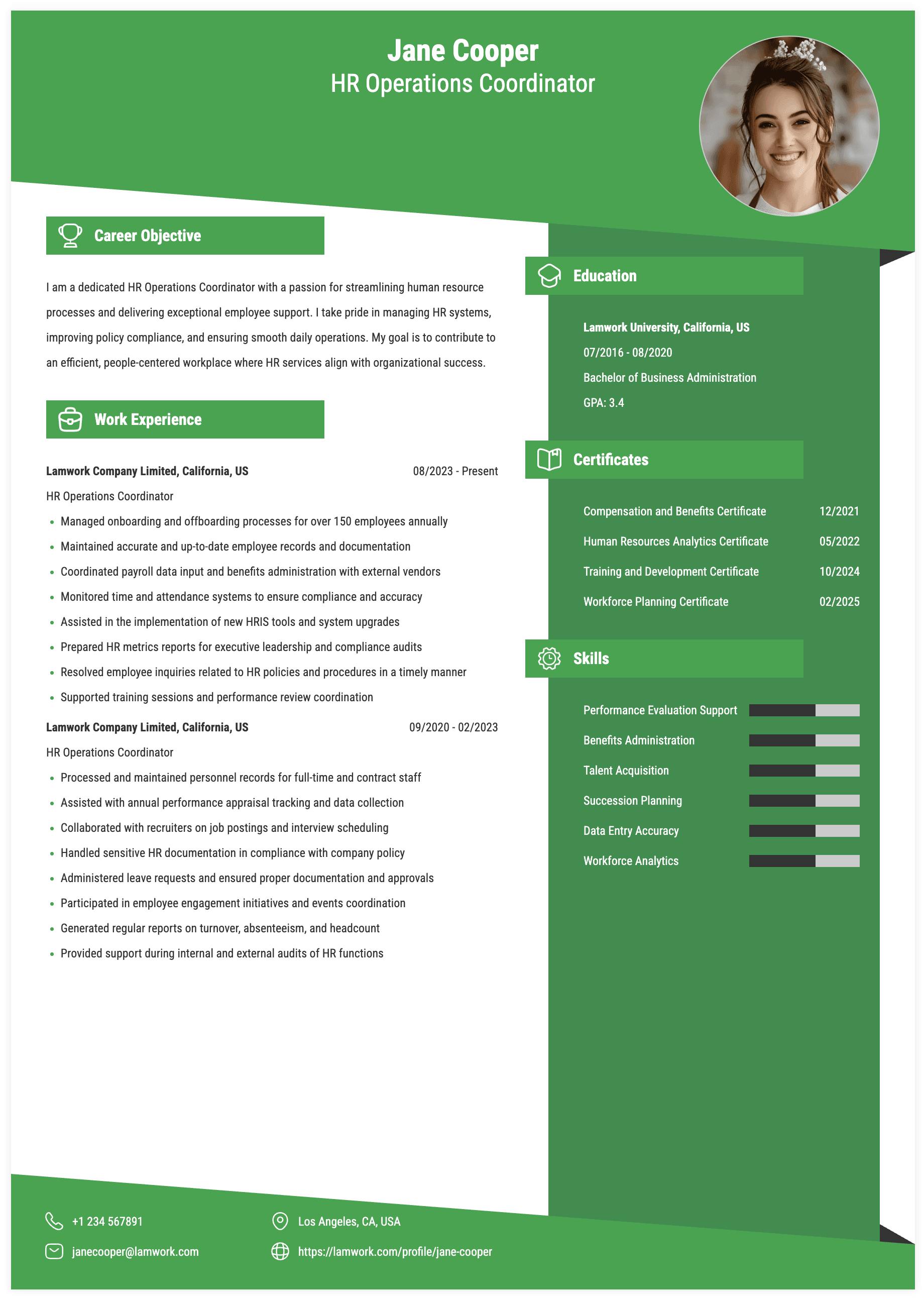 HR Operations Coordinator Resume Example