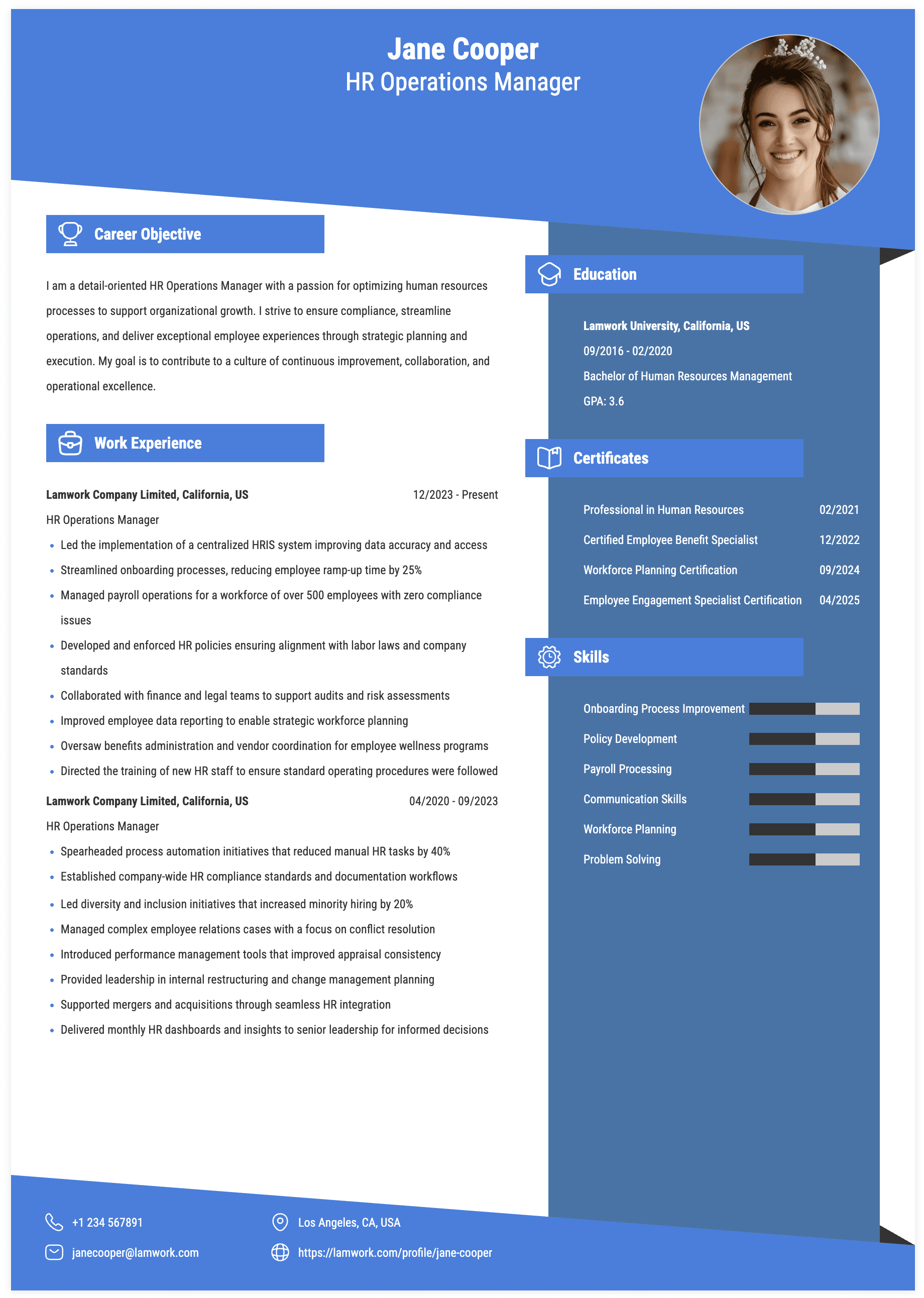 HR Operations Manager Resume Example