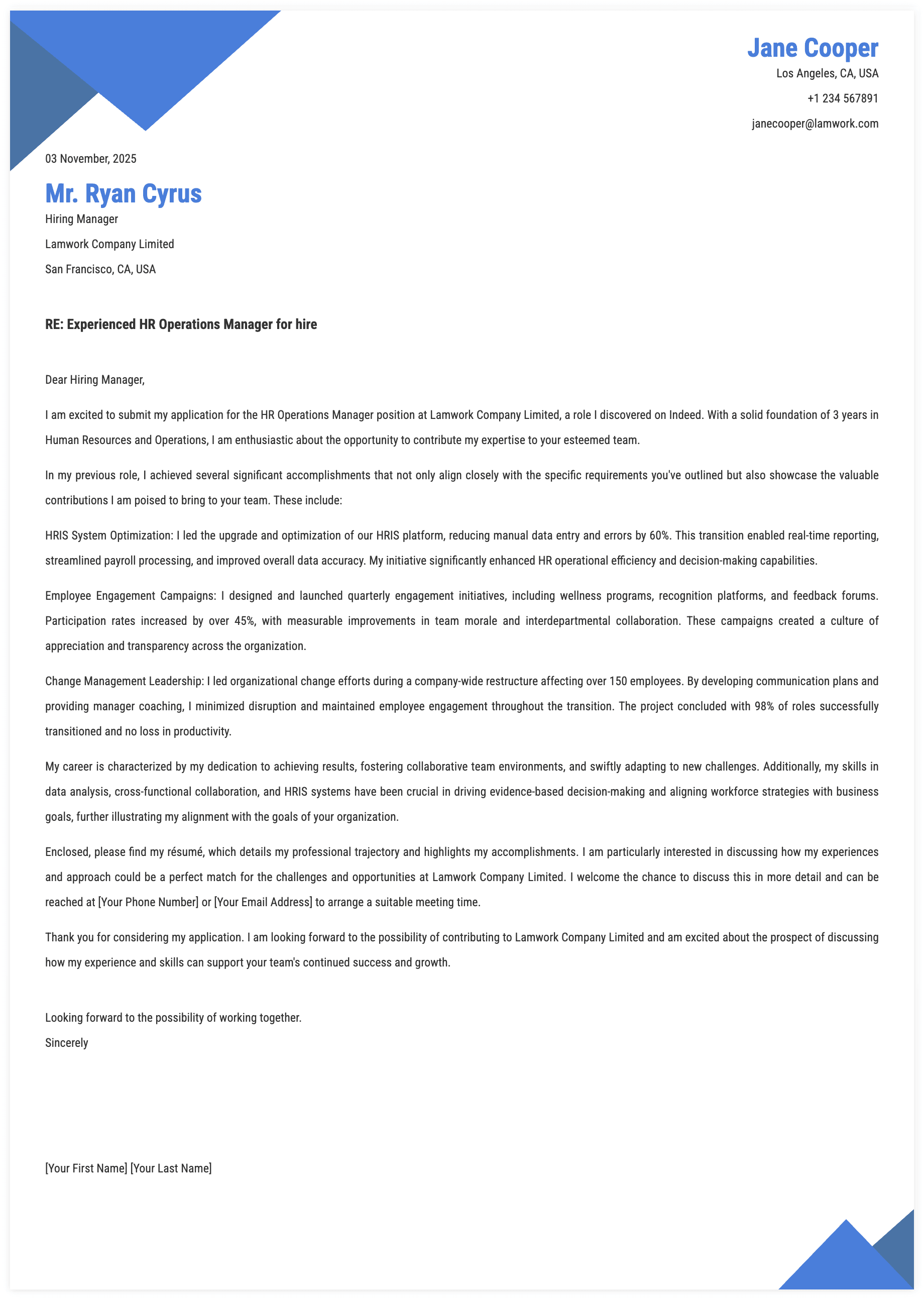 HR Operations Manager Cover Letter Template