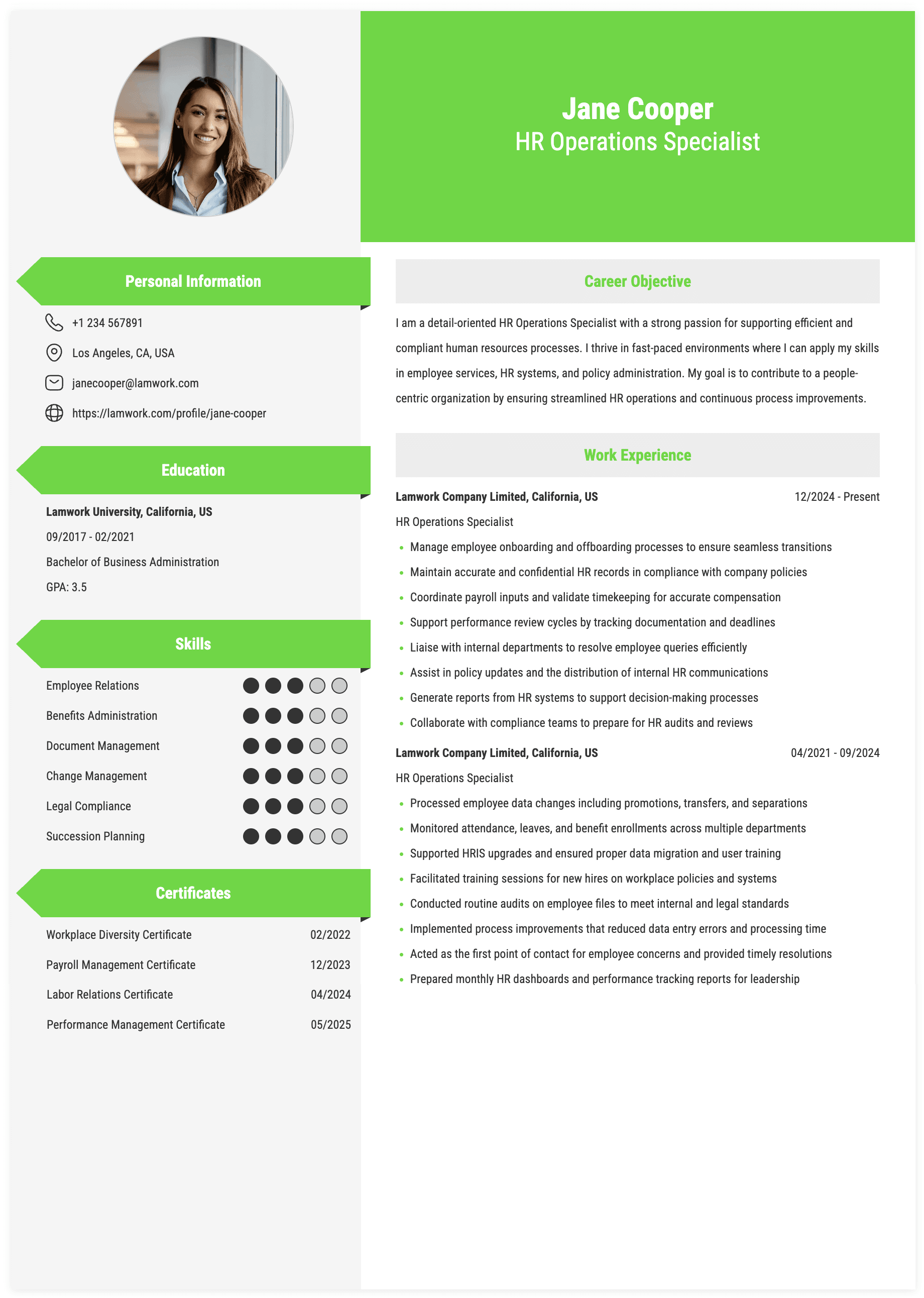HR Operations Specialist Resume Example