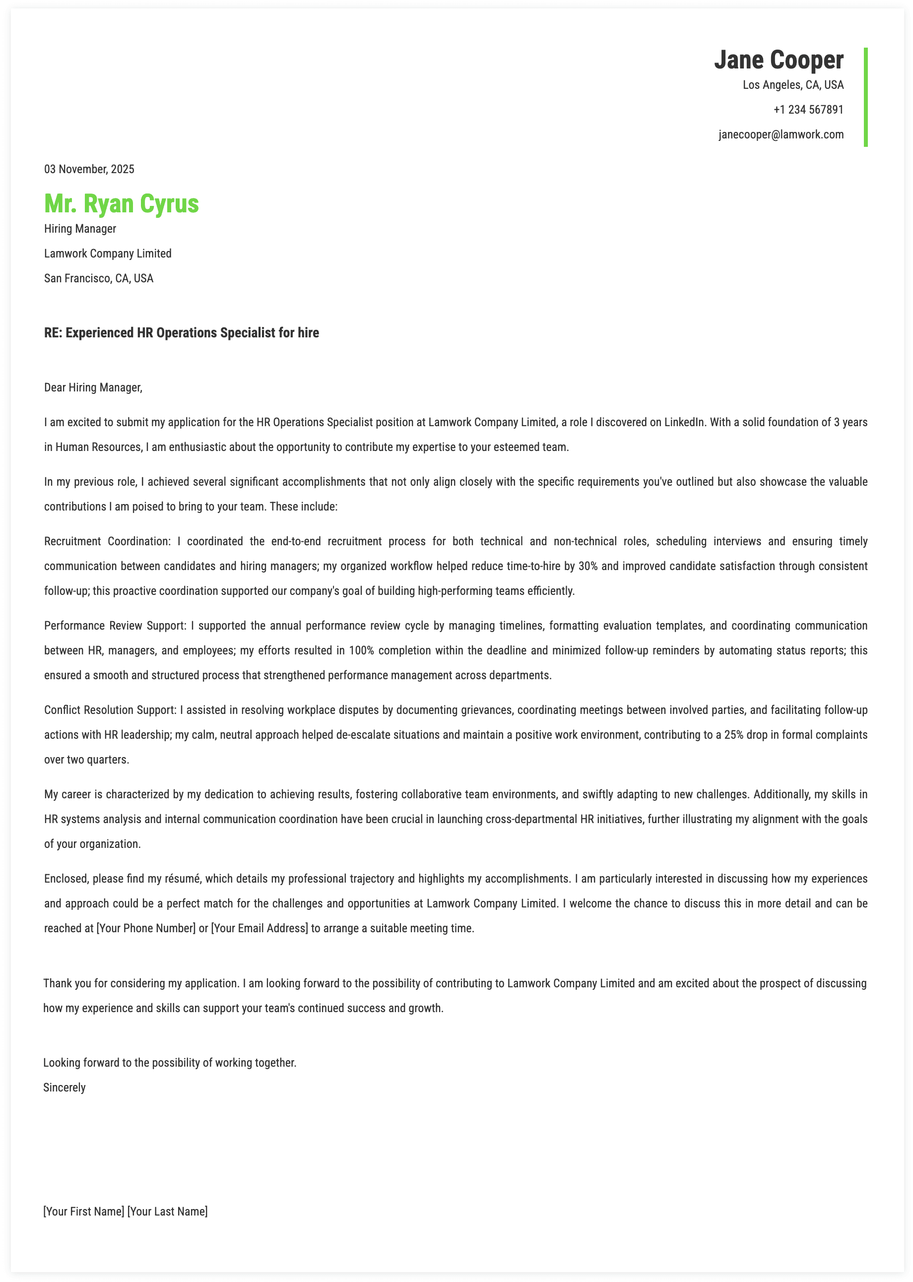 HR Operations Specialist Cover Letter Template