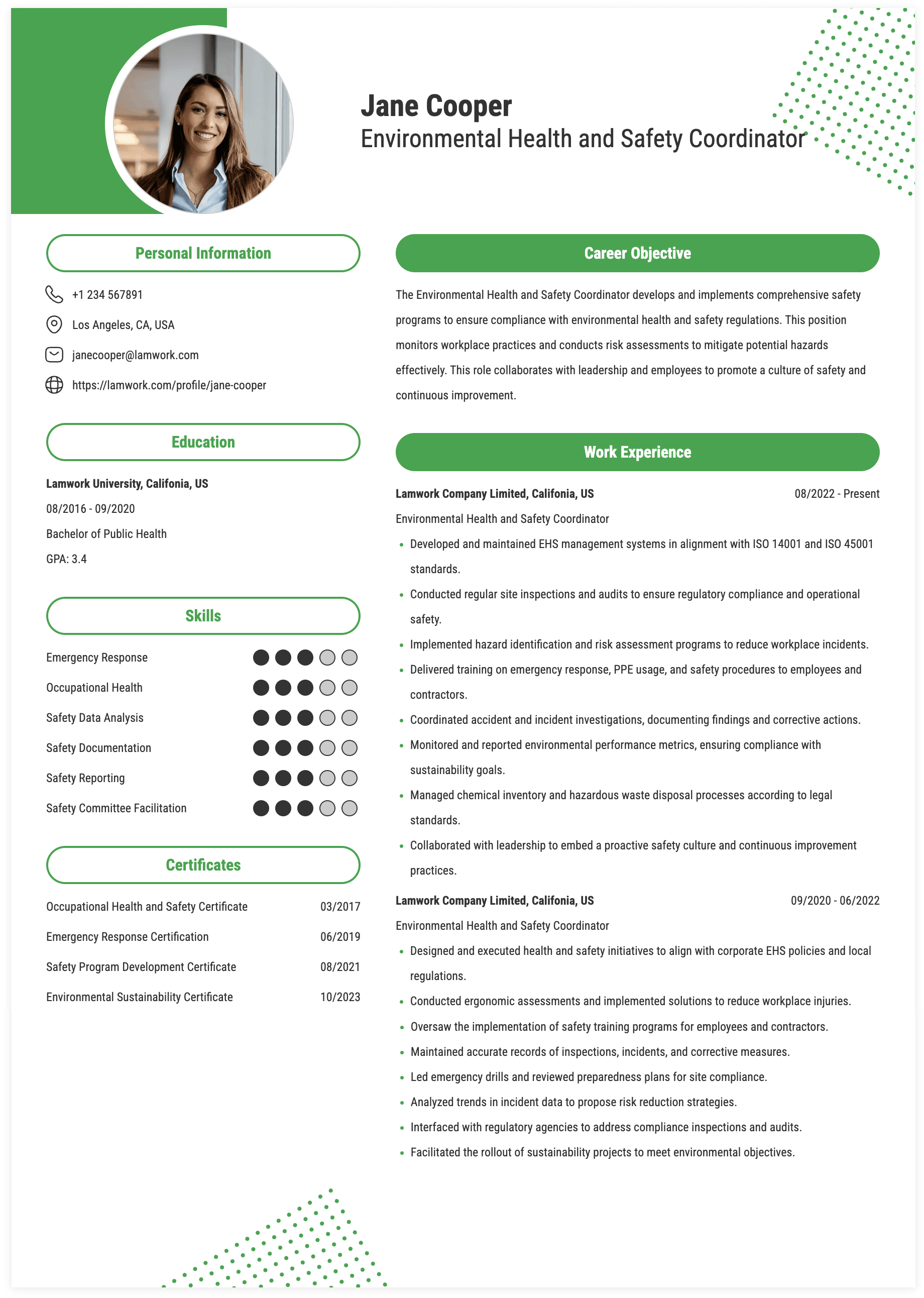 Environmental Health and Safety Coordinator Resume Example