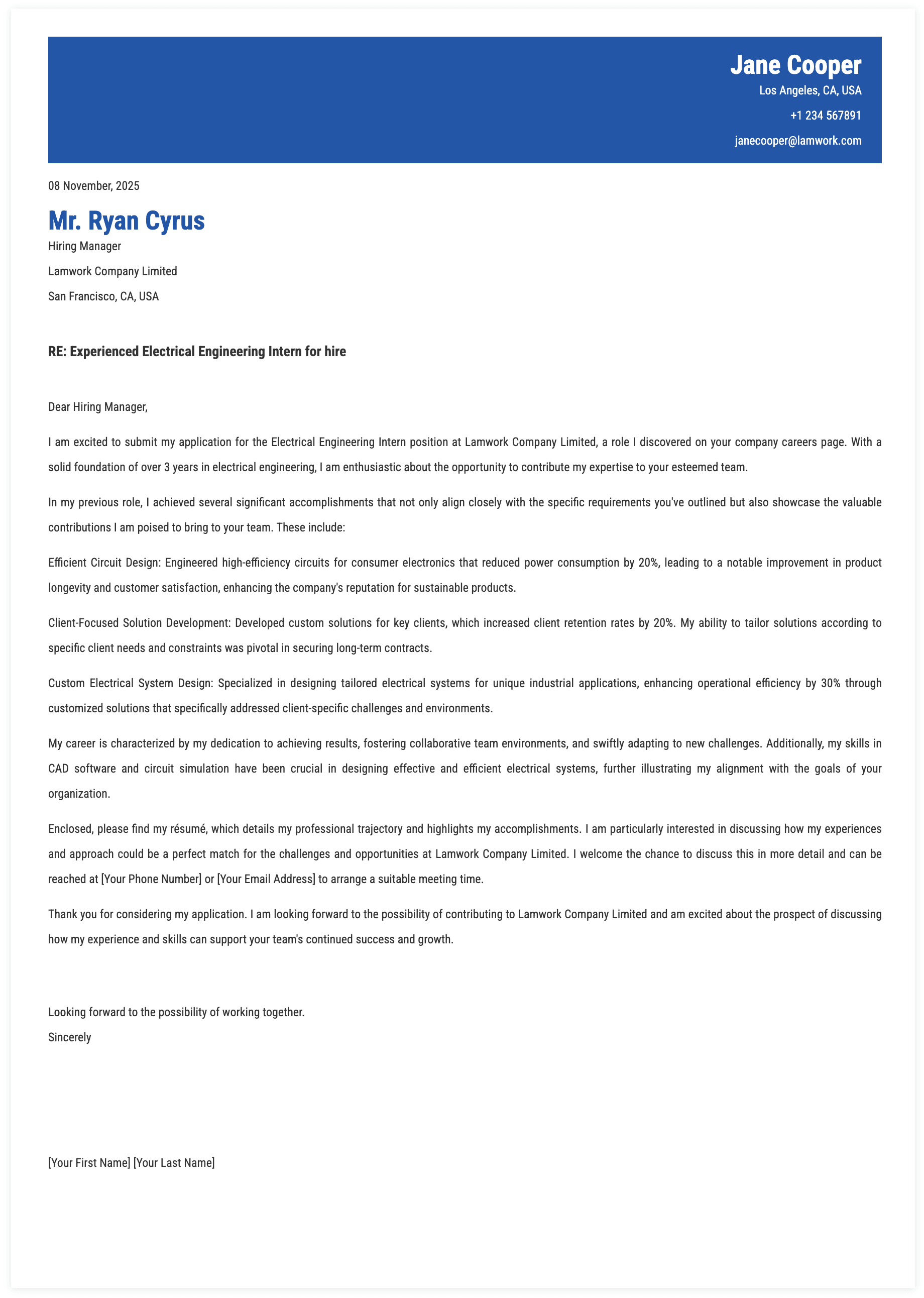 Electrical Engineering Intern Cover Letter Template