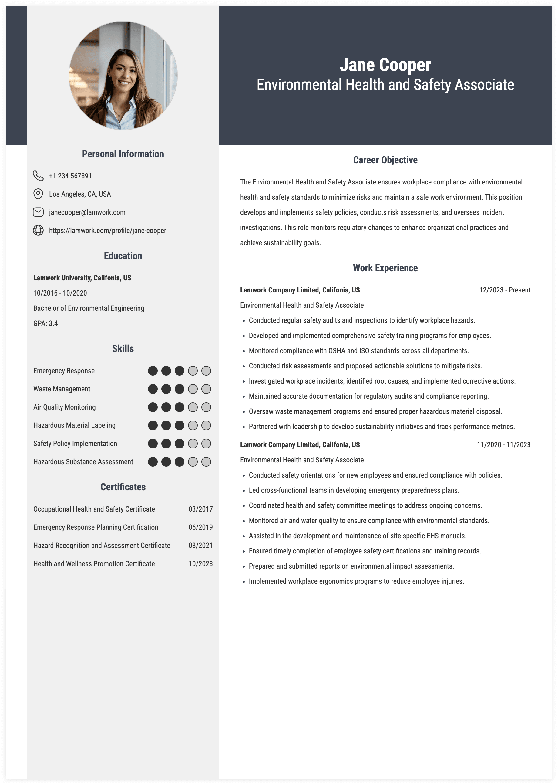 Environmental Health and Safety Associate Resume Example