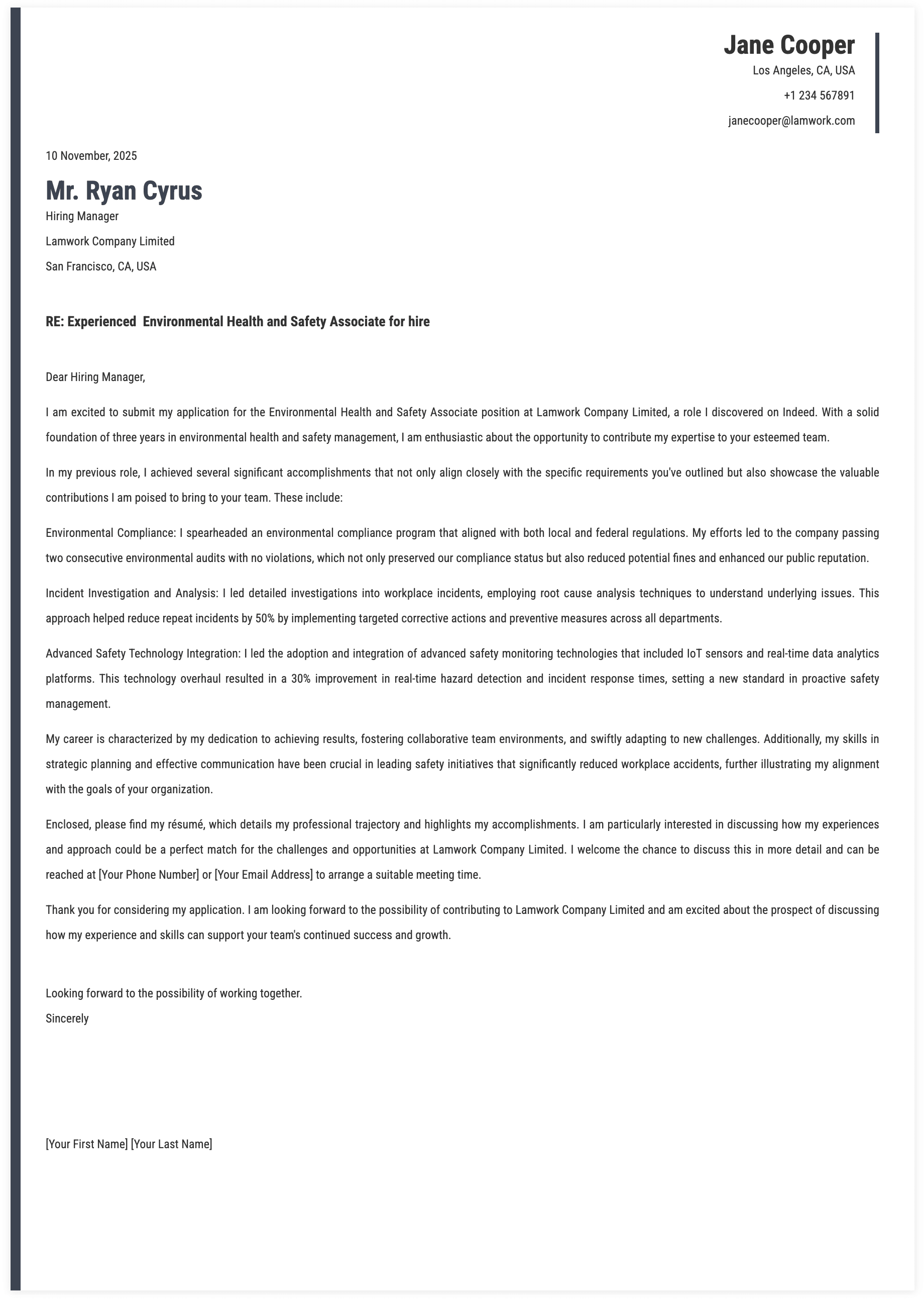 Environmental Health and Safety Associate Cover Letter Template