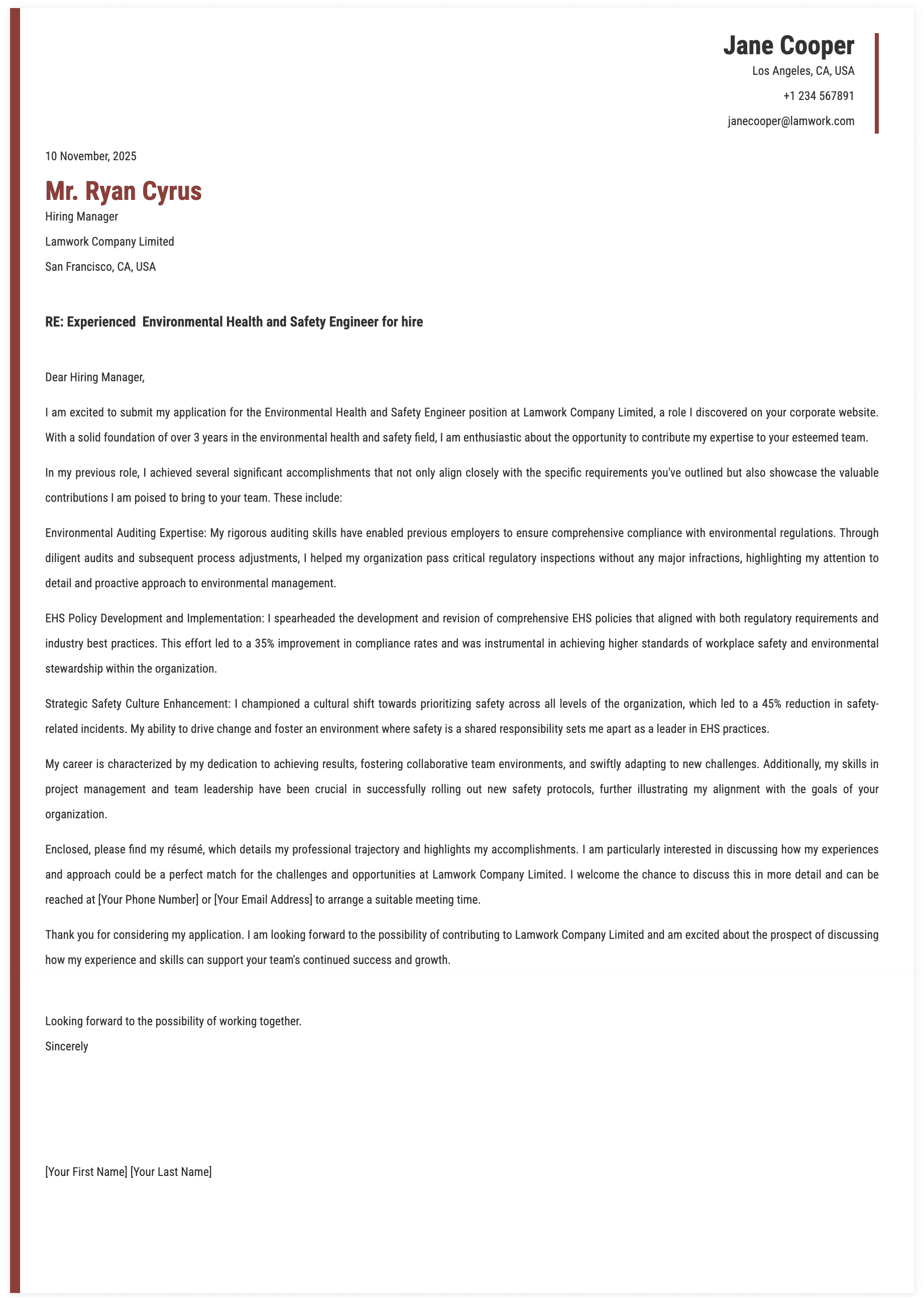 Environmental Health and Safety Engineer Cover Letter Template