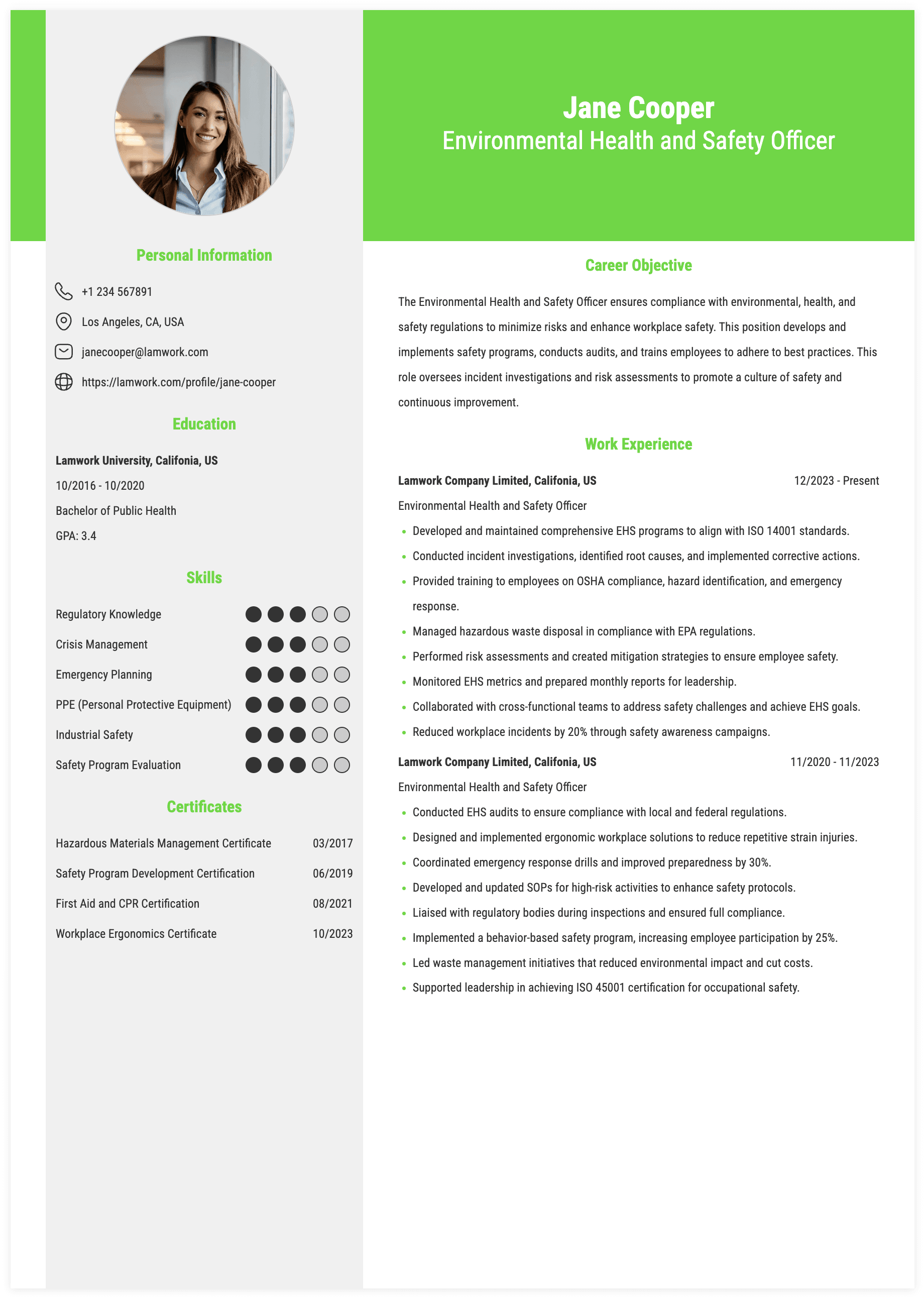 Environmental Health and Safety Officer Resume Example
