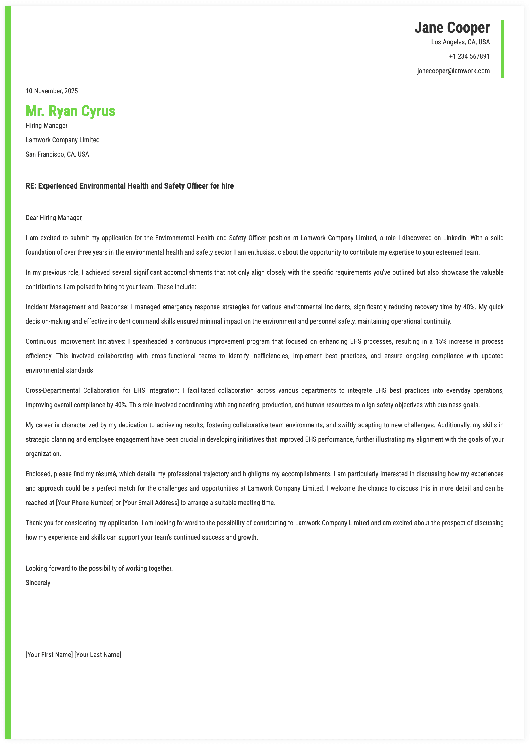 Environmental Health and Safety Officer Cover Letter Template