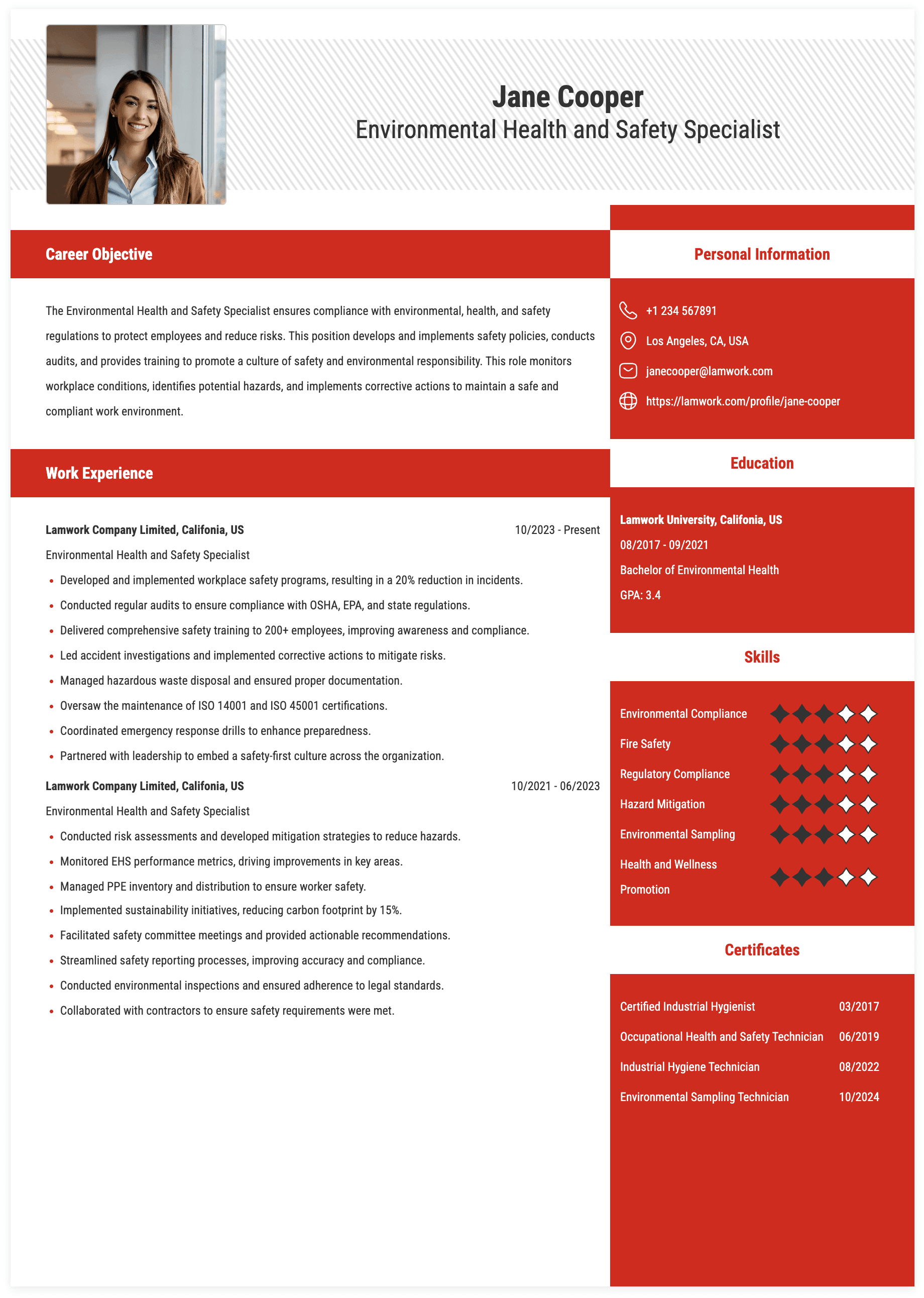 Environmental Health and Safety Specialist Resume Example