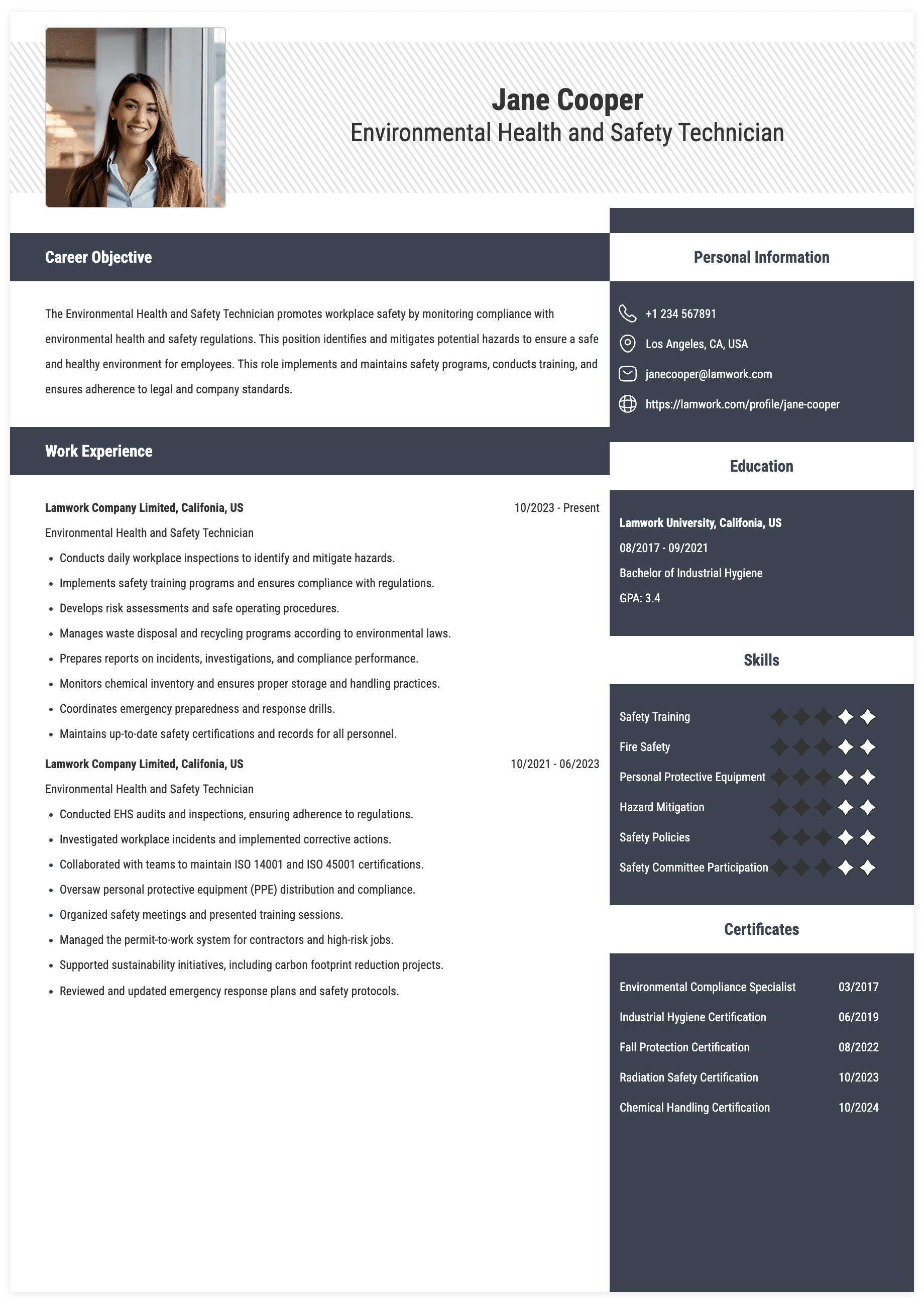 Environmental Health and Safety Technician Resume Example