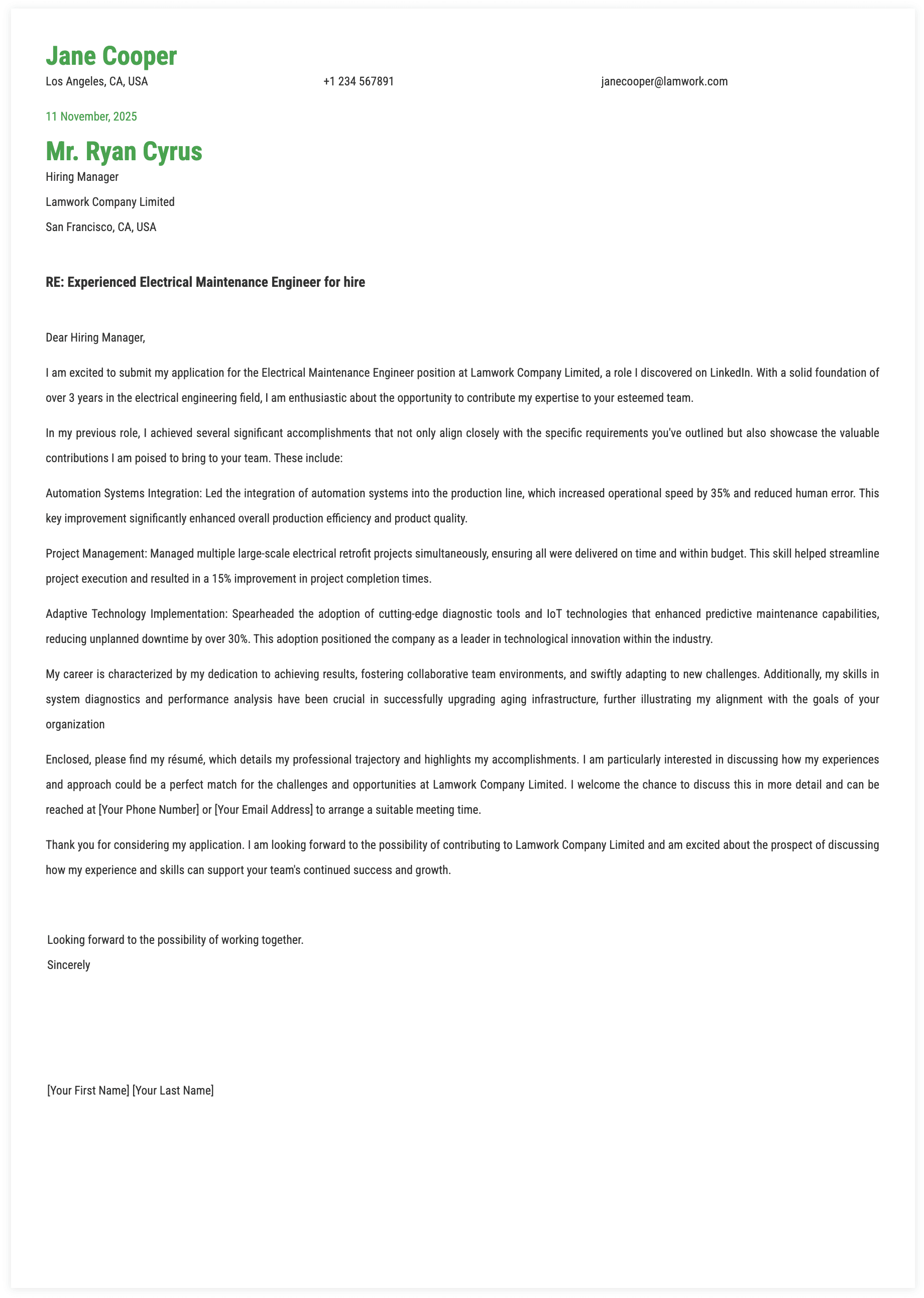 Electrical Maintenance Engineer Cover Letter Template