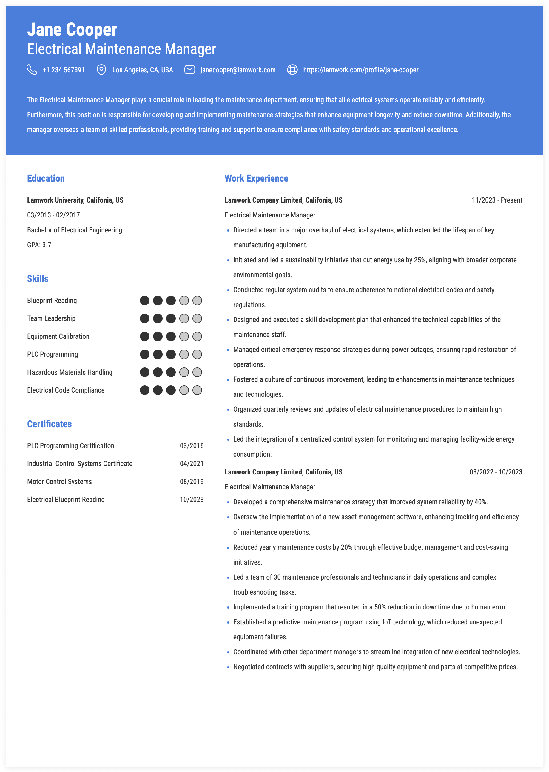 Electrical Maintenance Manager Resume Example