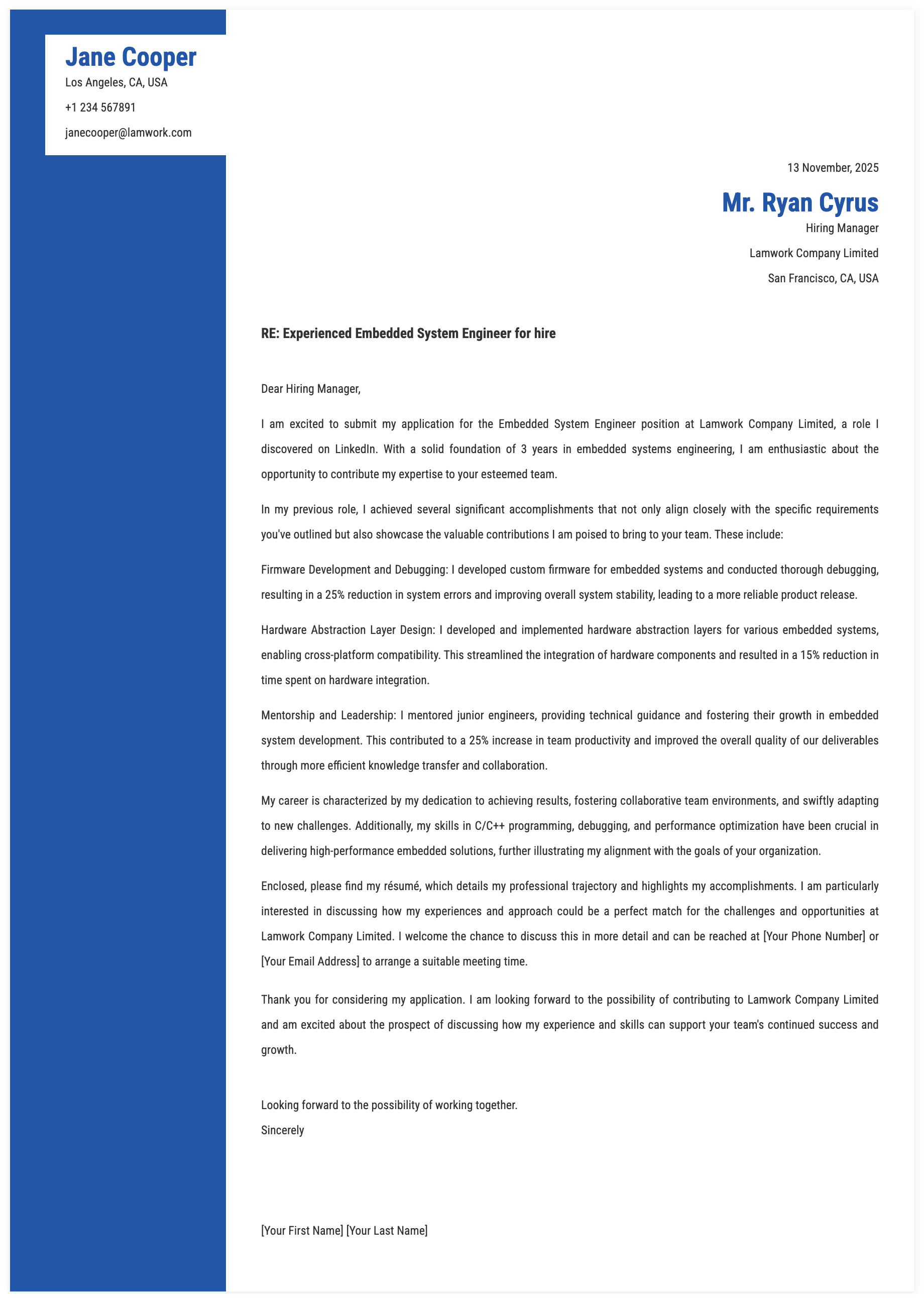 Embedded System Engineer Cover Letter Template