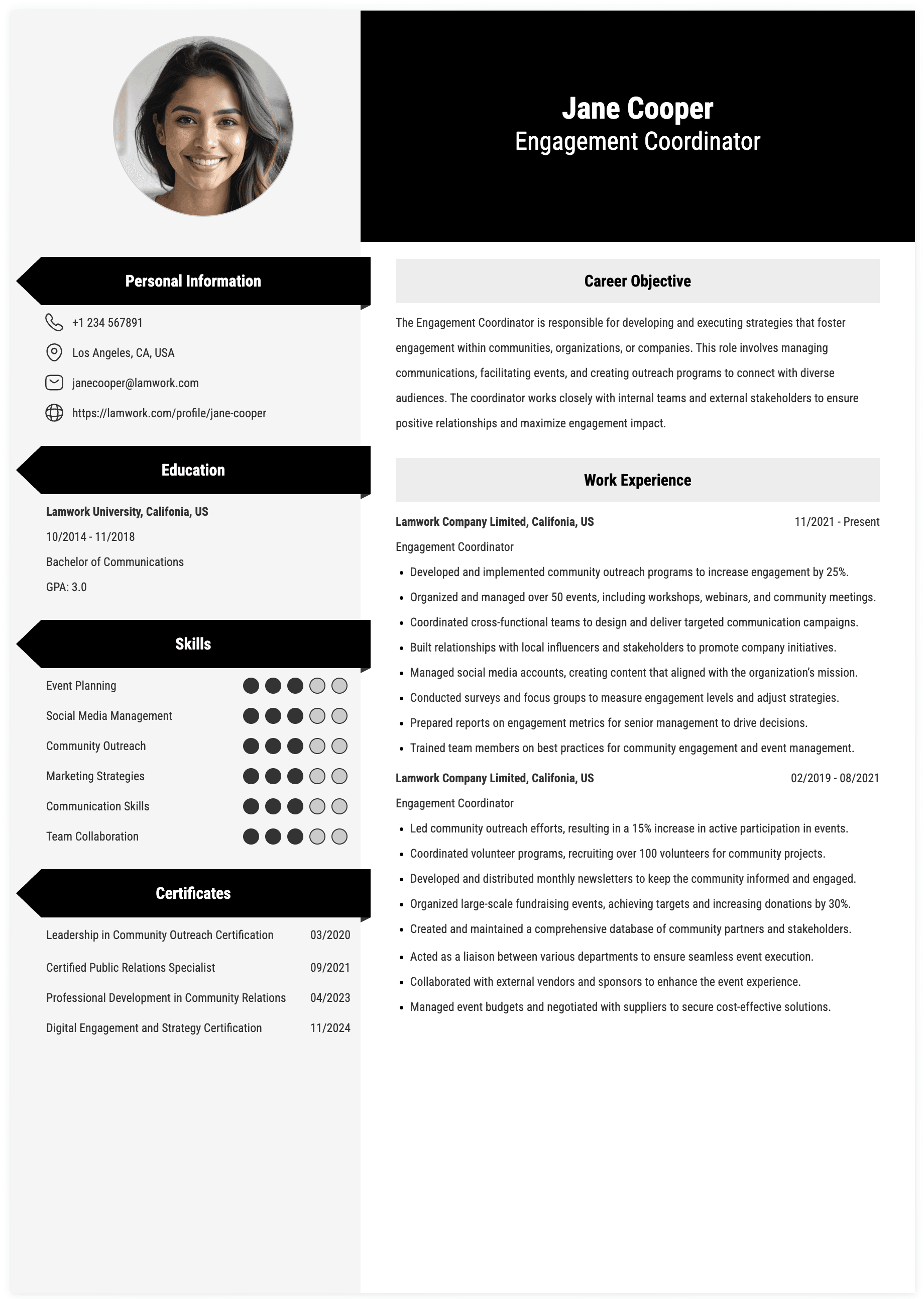 Engagement Coordinator Resume Example