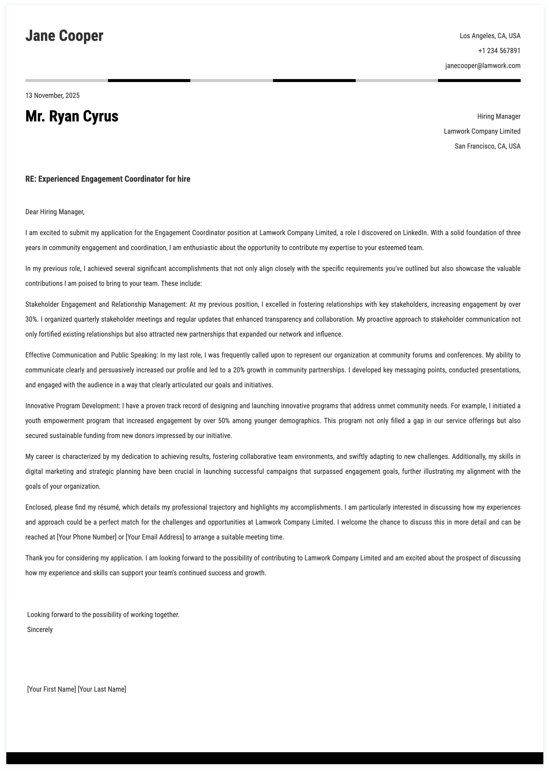Engagement Coordinator Cover Letter Template