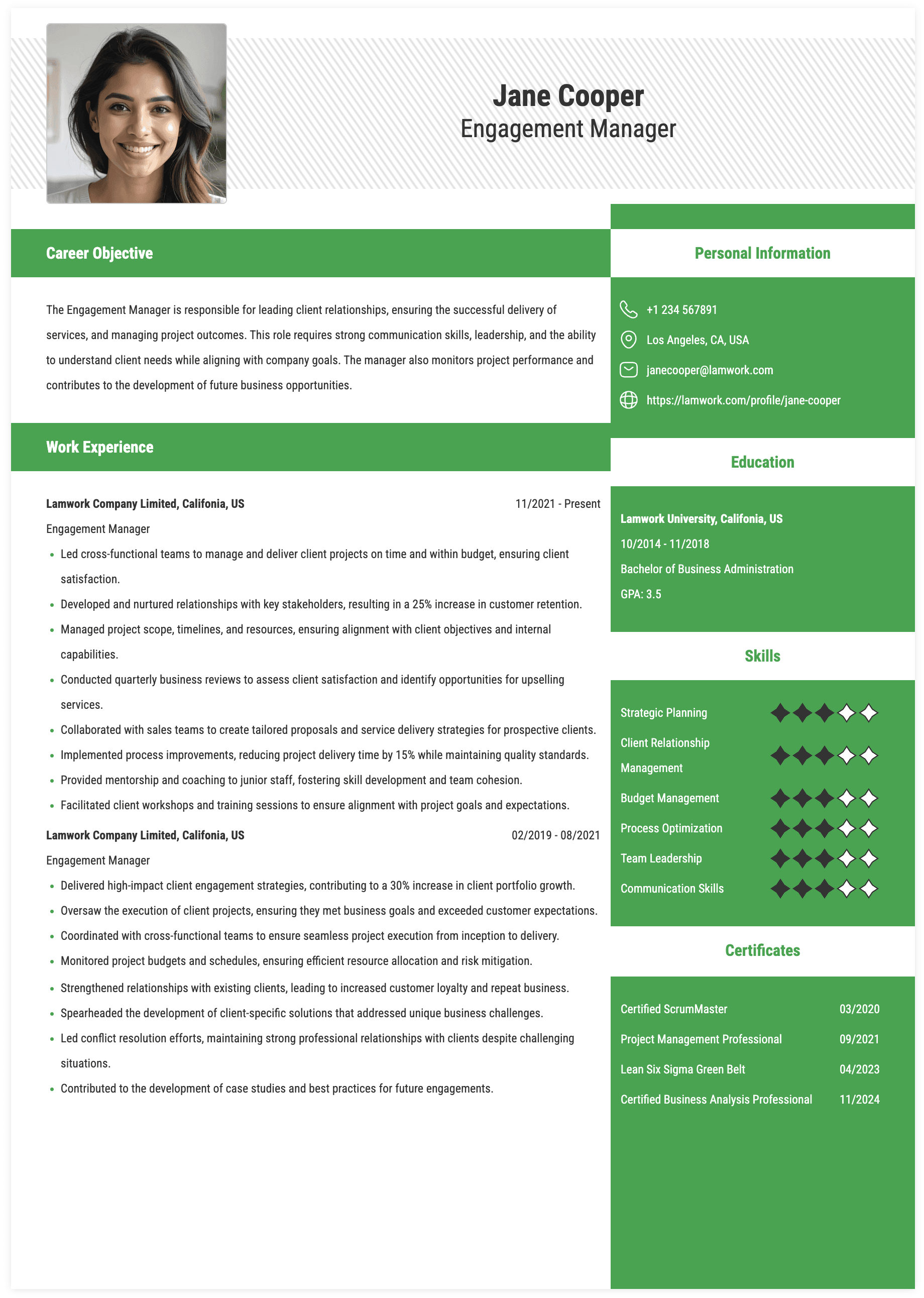 Engagement Manager Resume Example