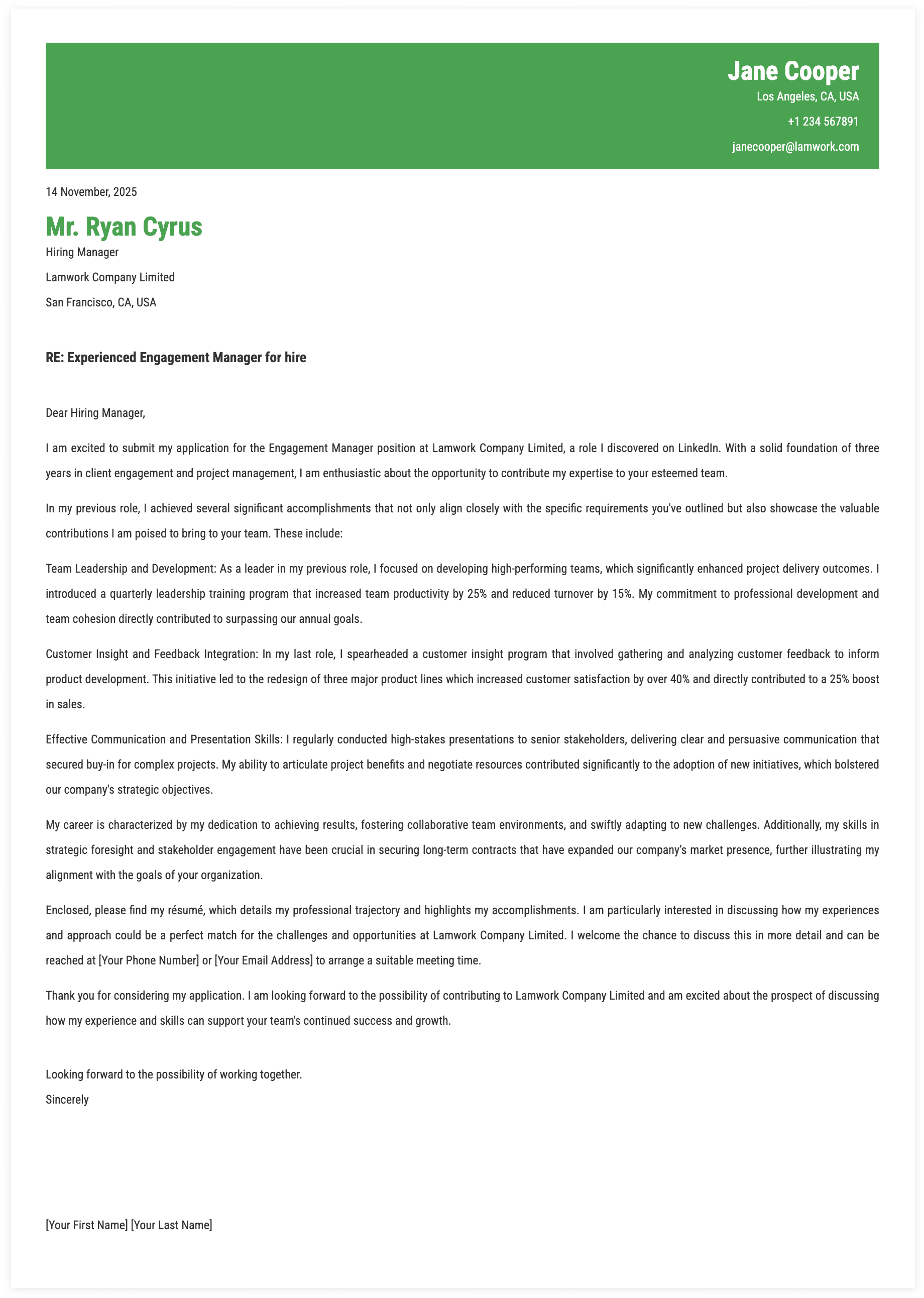 Engagement Manager Cover Letter Template