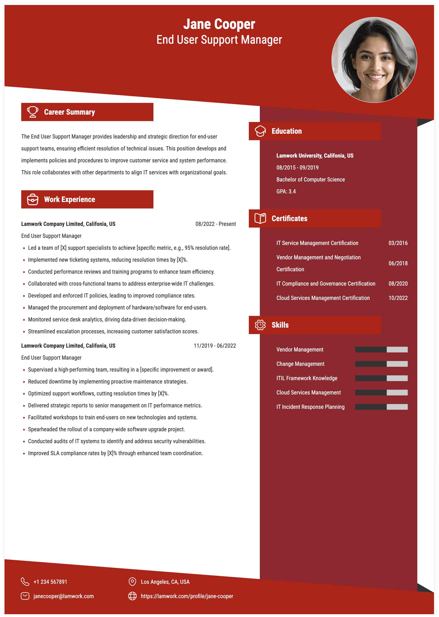 End User Support Manager Resume Example