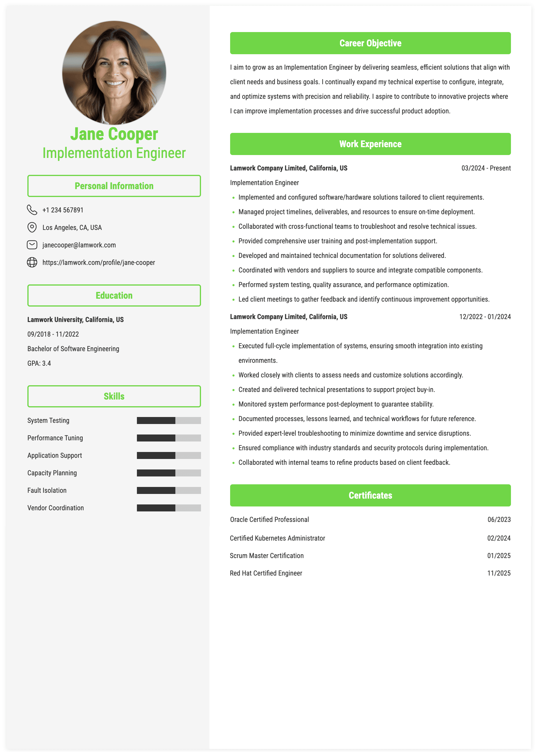 Implementation Engineer Resume Example