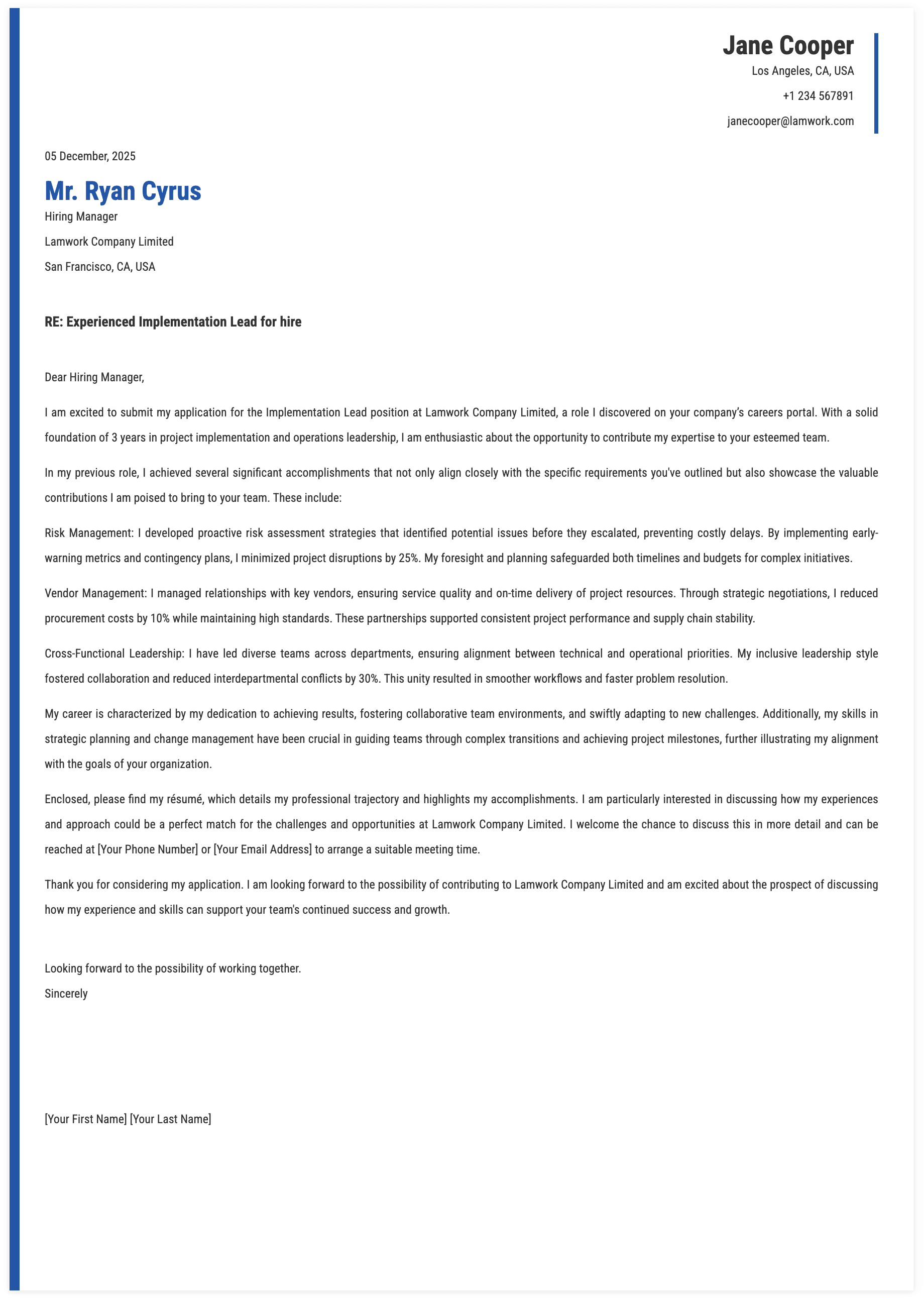 Implementation Lead Cover Letter Template