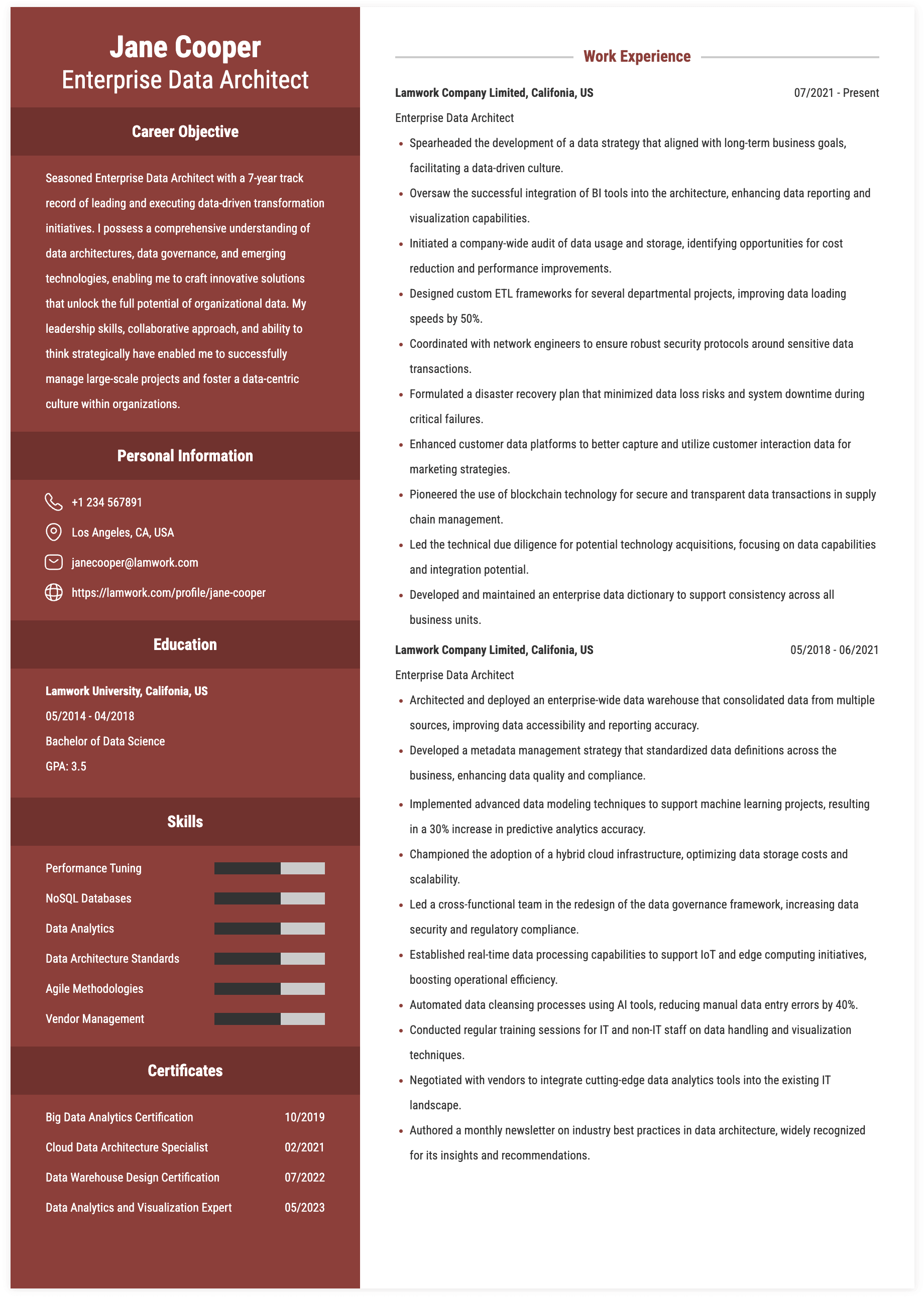 Enterprise Data Architect Resume Example