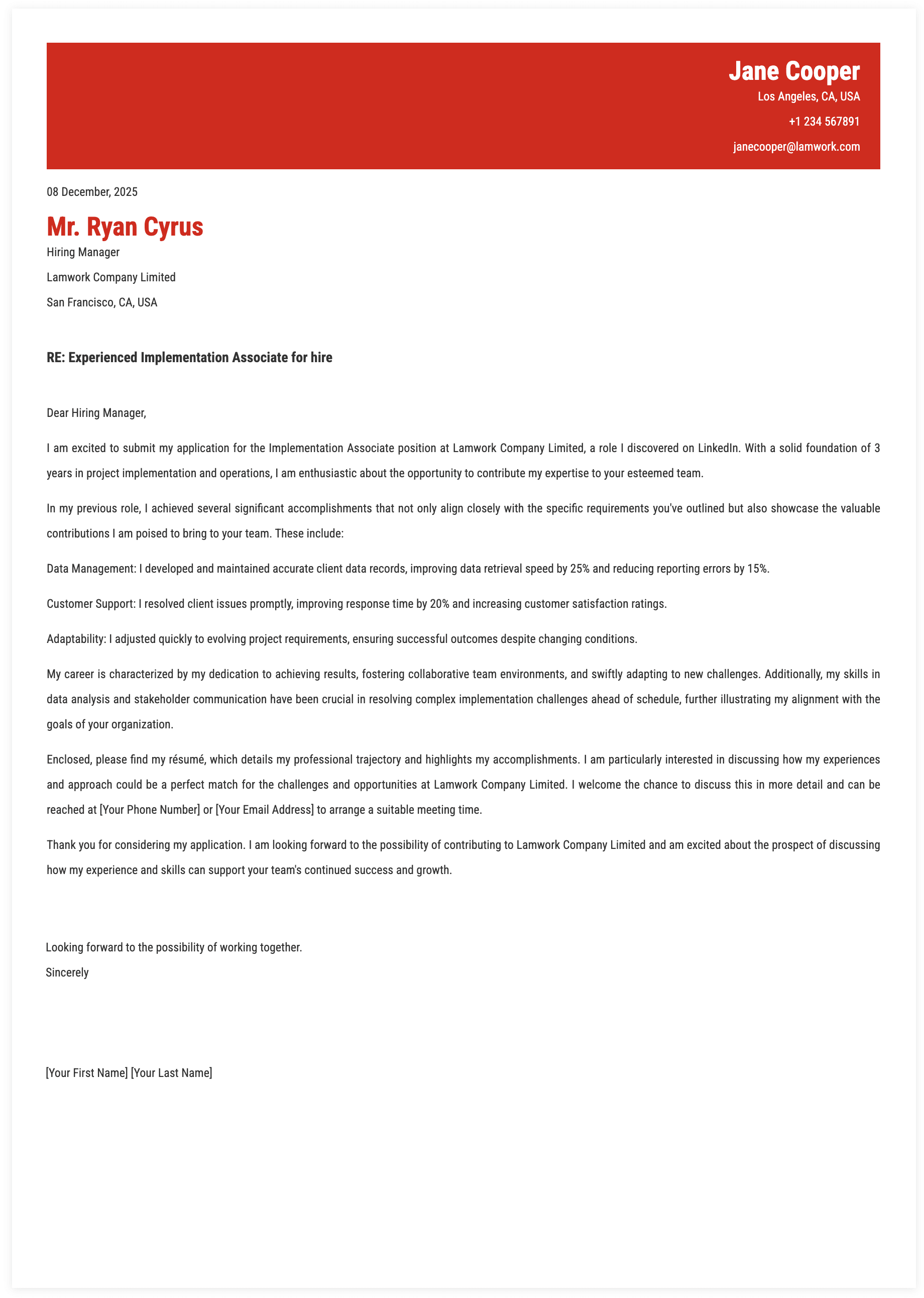 Implementation Associate Cover Letter Template
