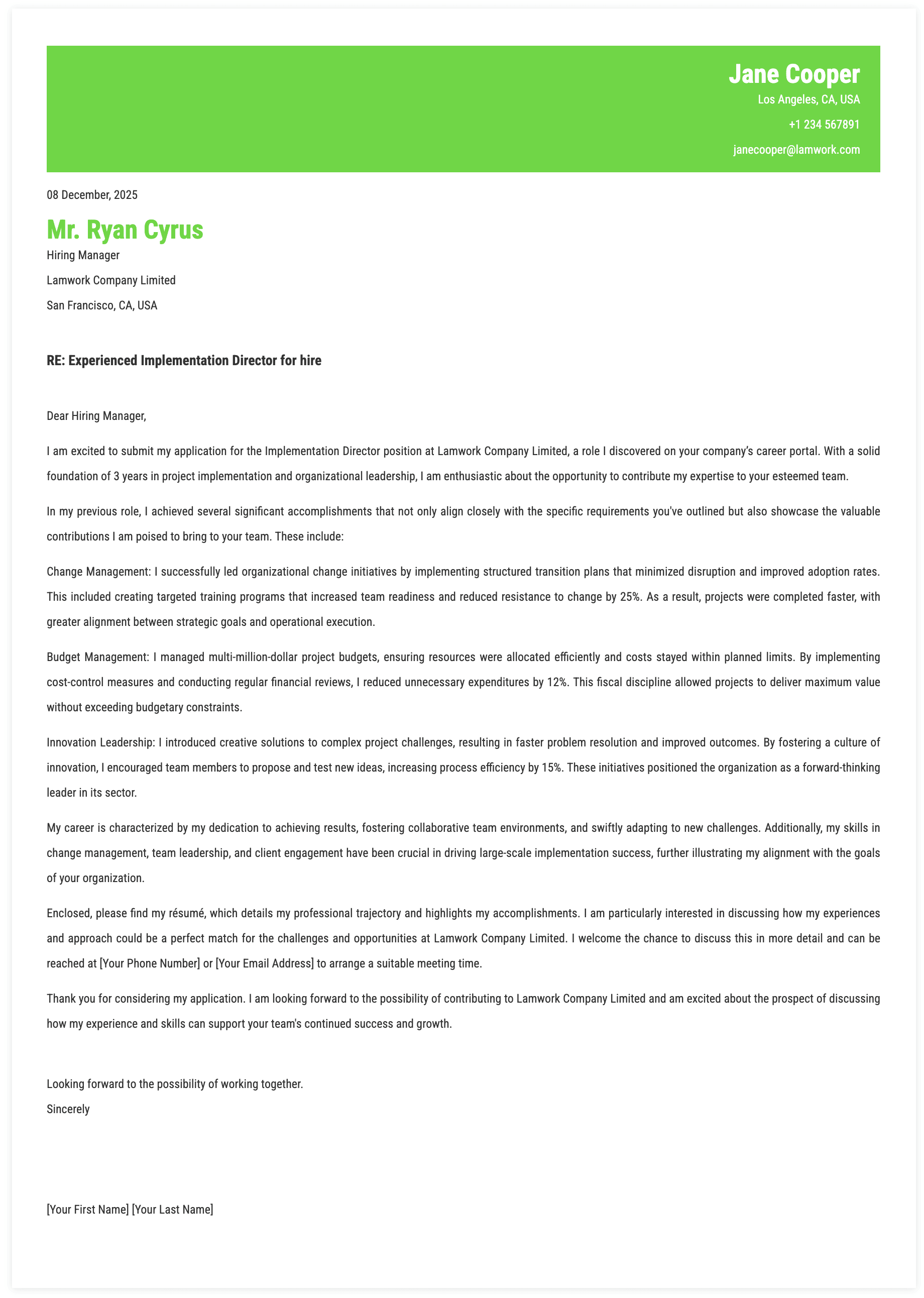 Implementation Director Cover Letter Template