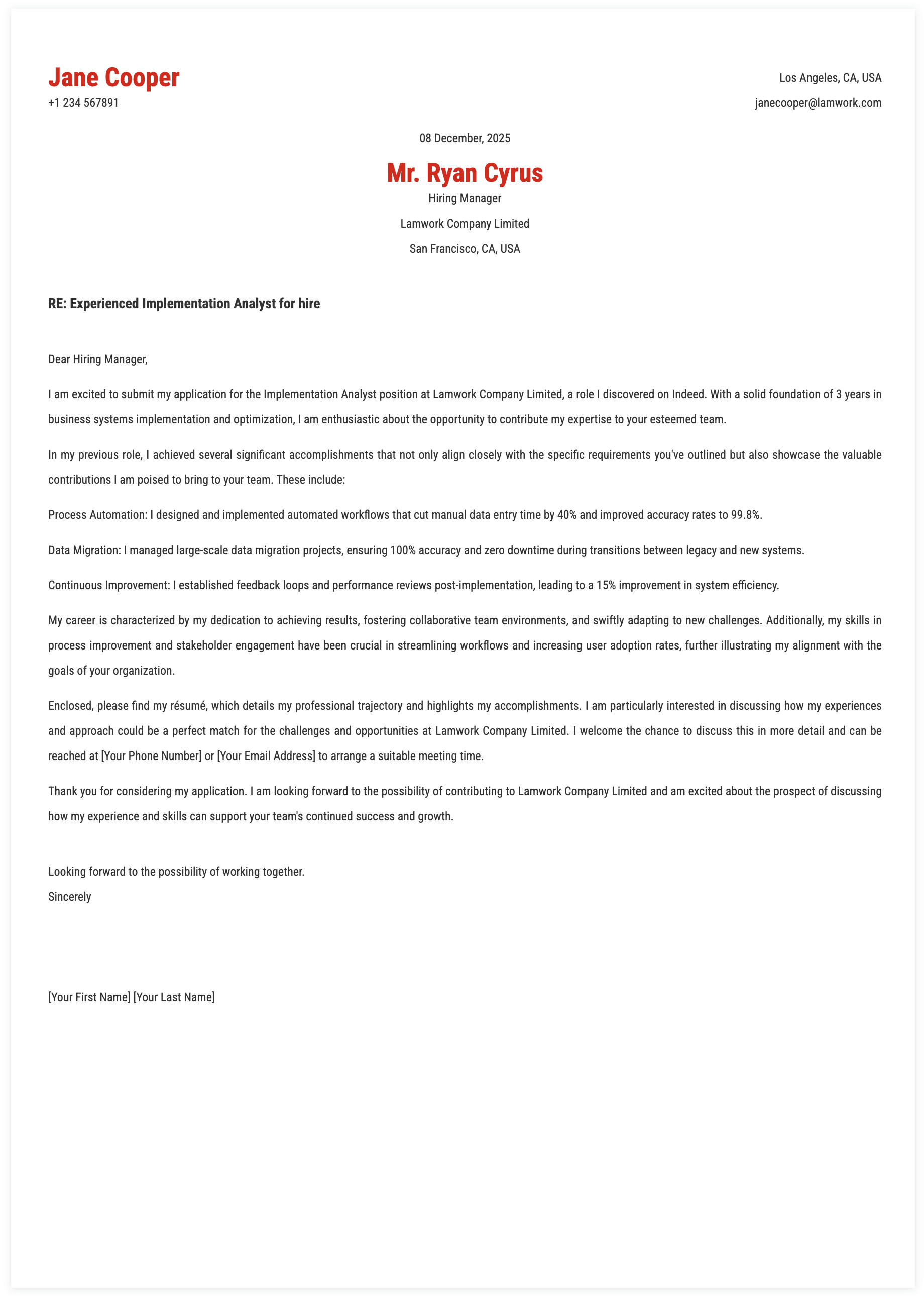 Implementation Analyst Cover Letter Template