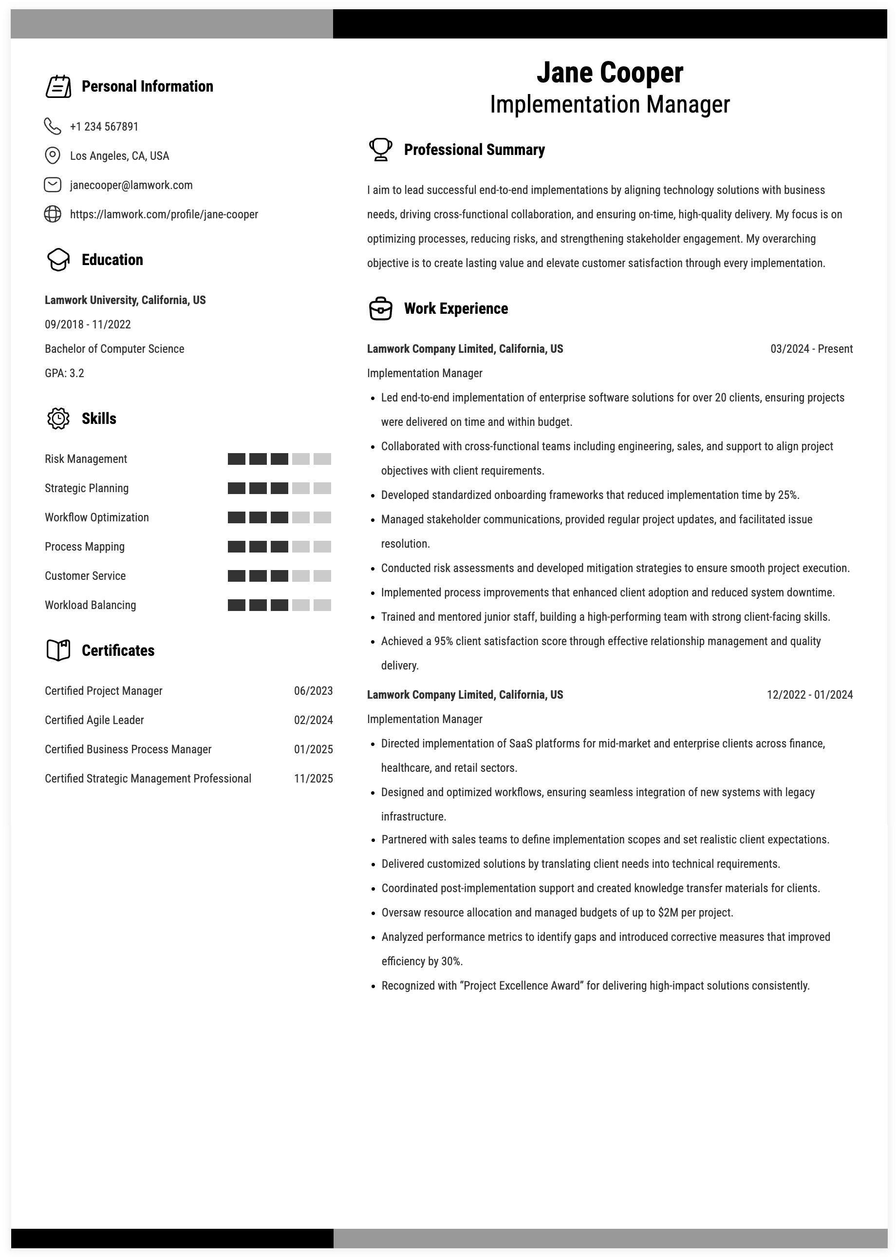 Implementation Manager Resume Example