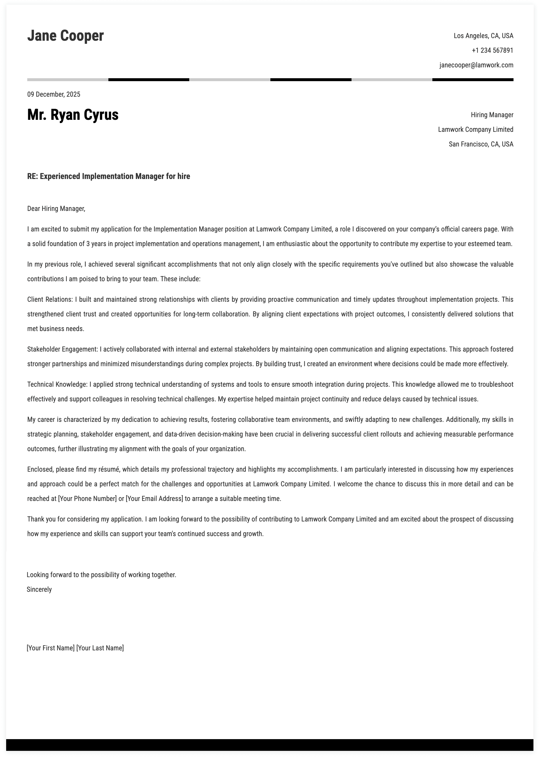 Implementation Manager Cover Letter Template