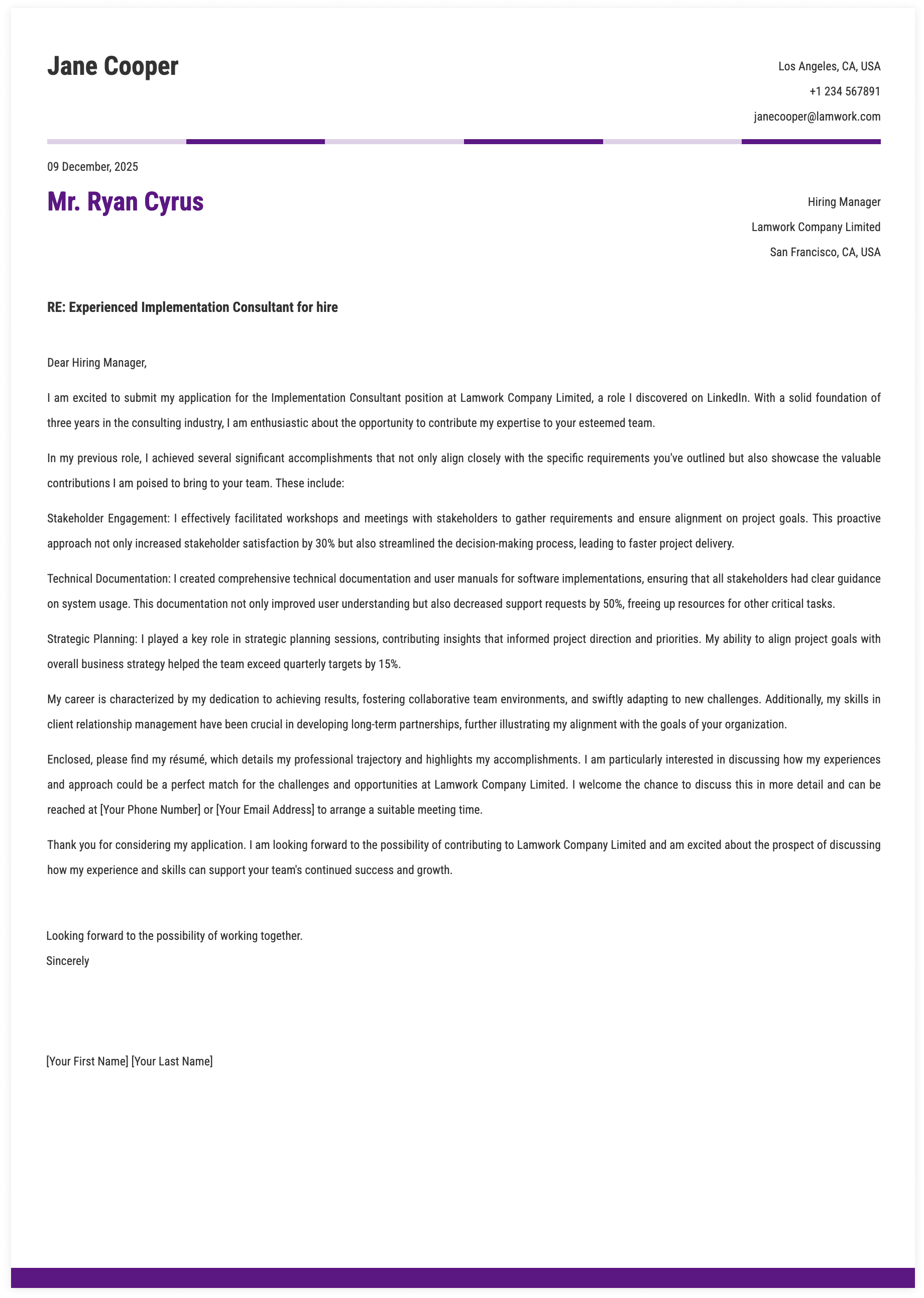 Implementation Consultant Cover Letter Template