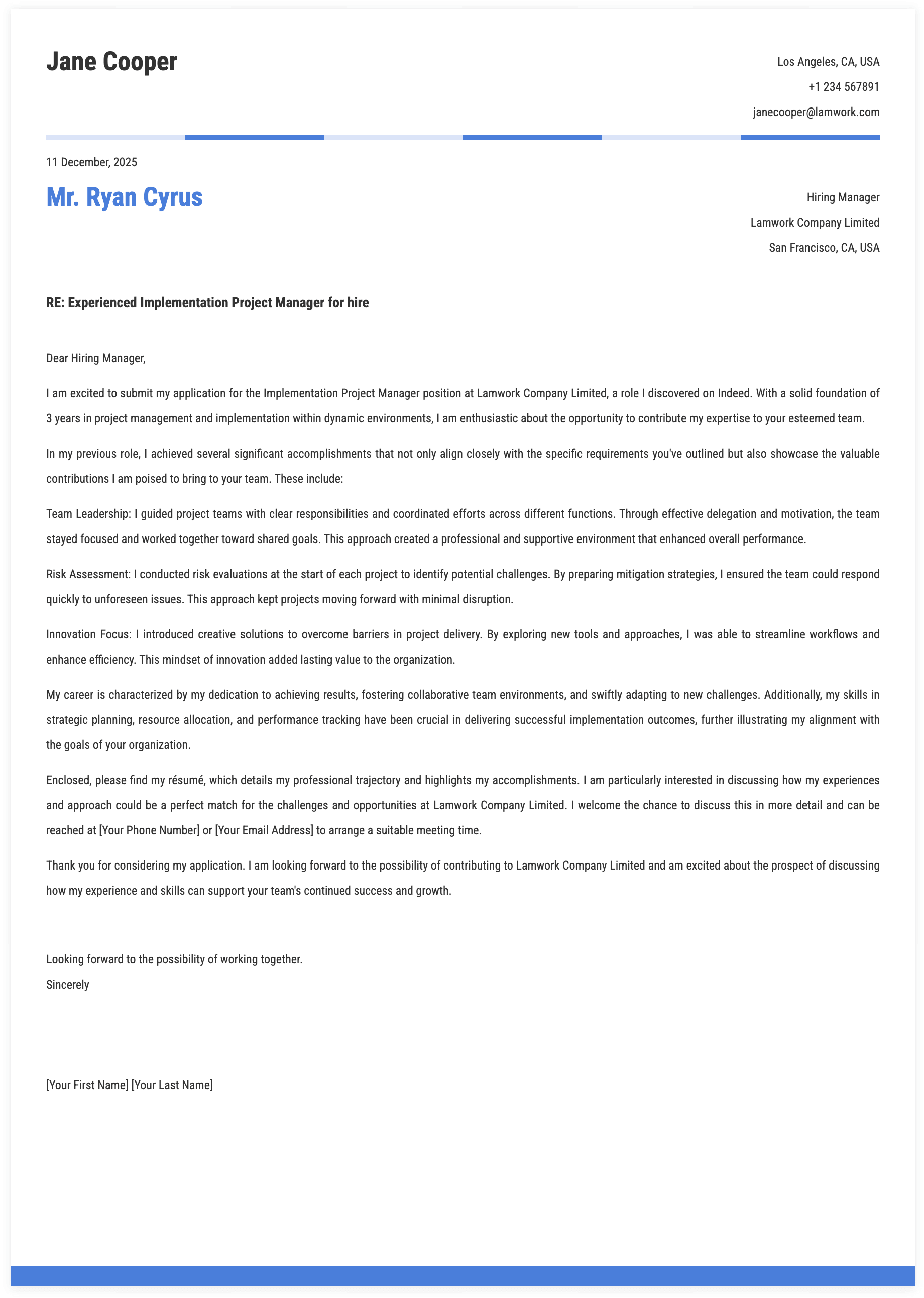 Implementation Project Manager Cover Letter Template