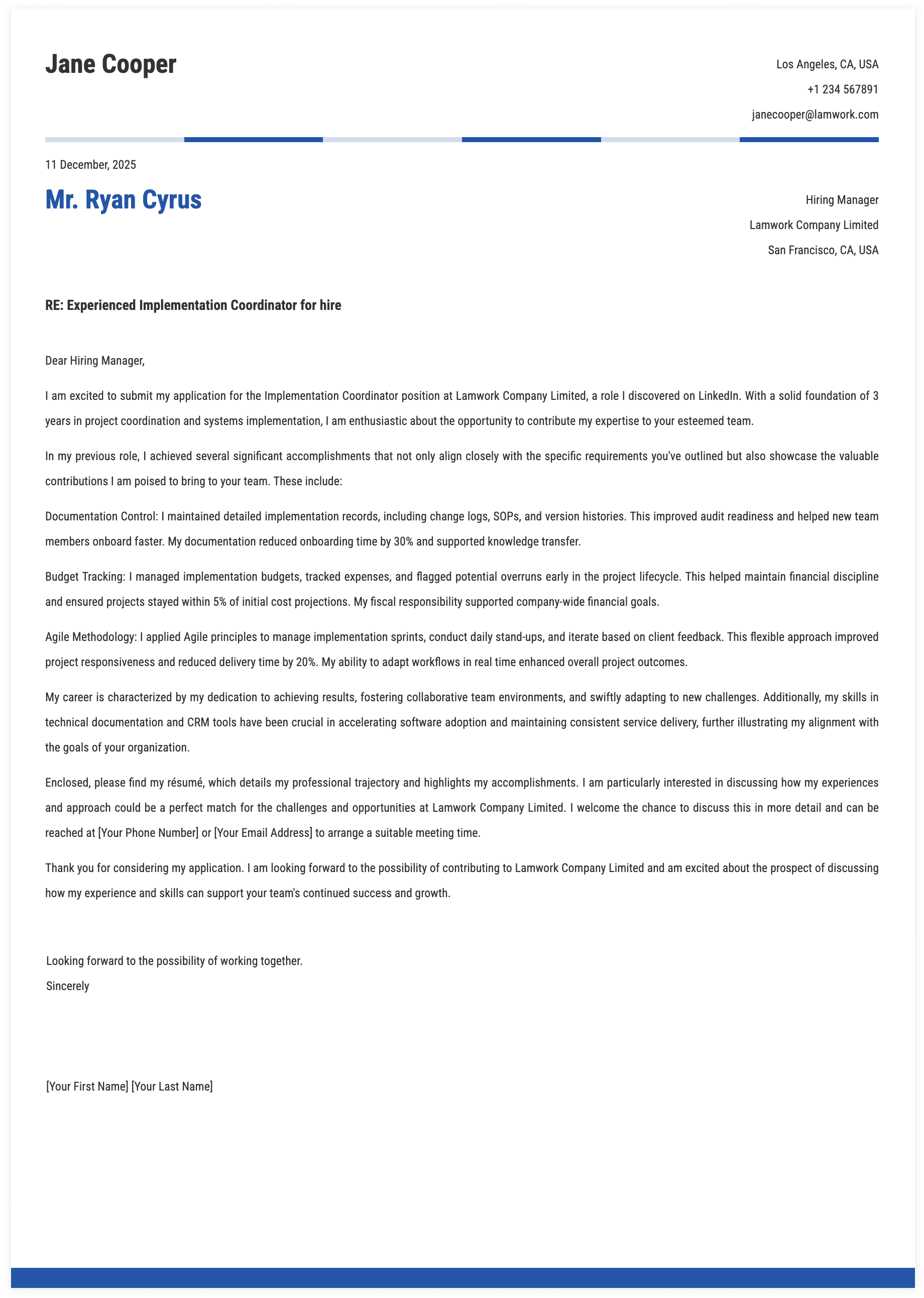 Implementation Coordinator Cover Letter Template