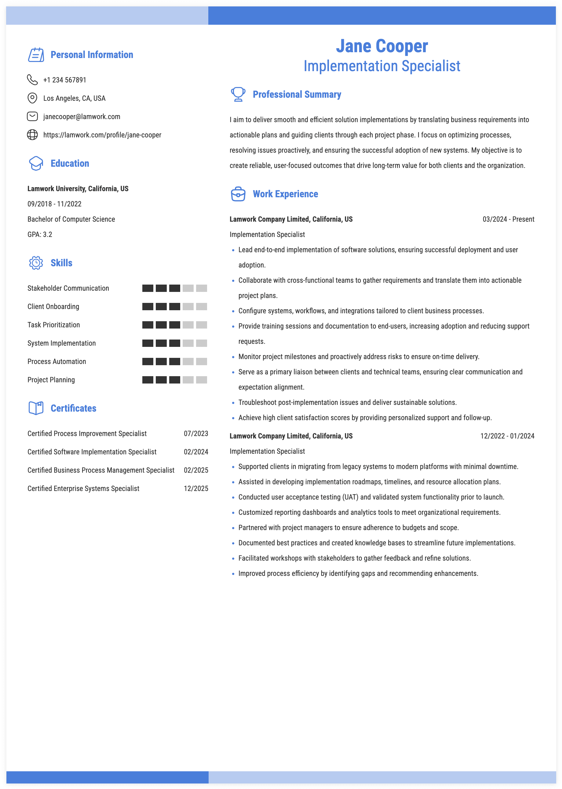Implementation Specialist Resume Example