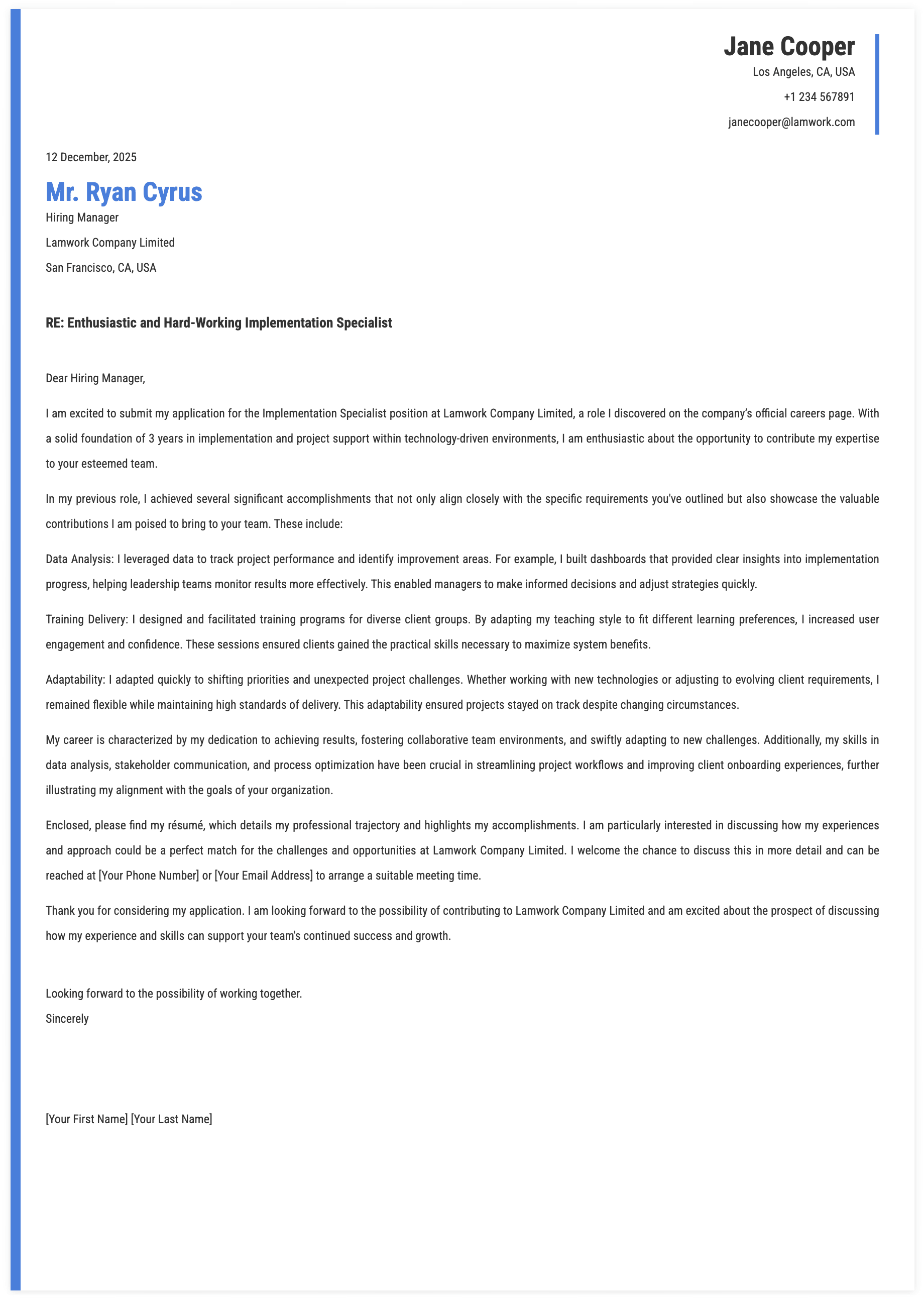 Implementation Specialist Cover Letter Template