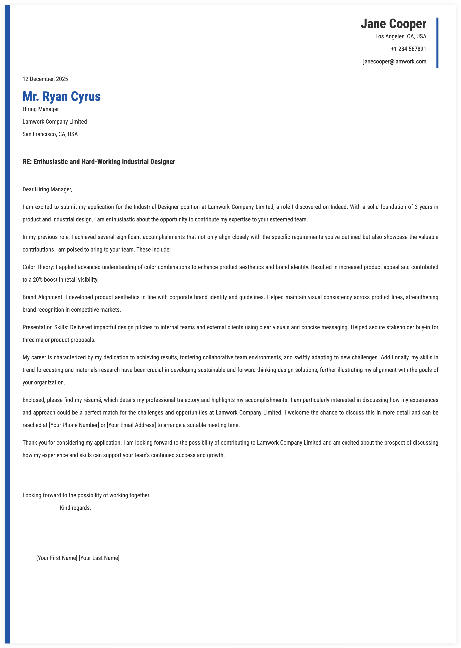 Industrial Designer Cover Letter Template