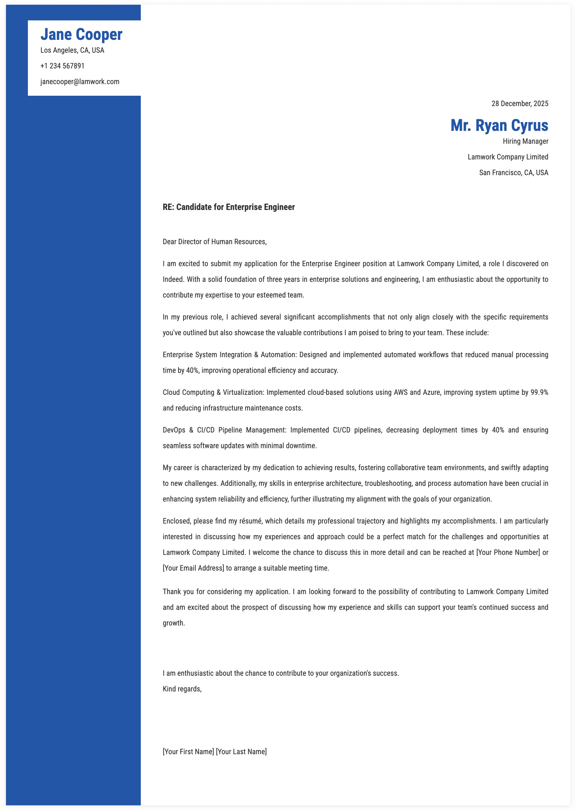 Enterprise Engineer Cover Letter Template
