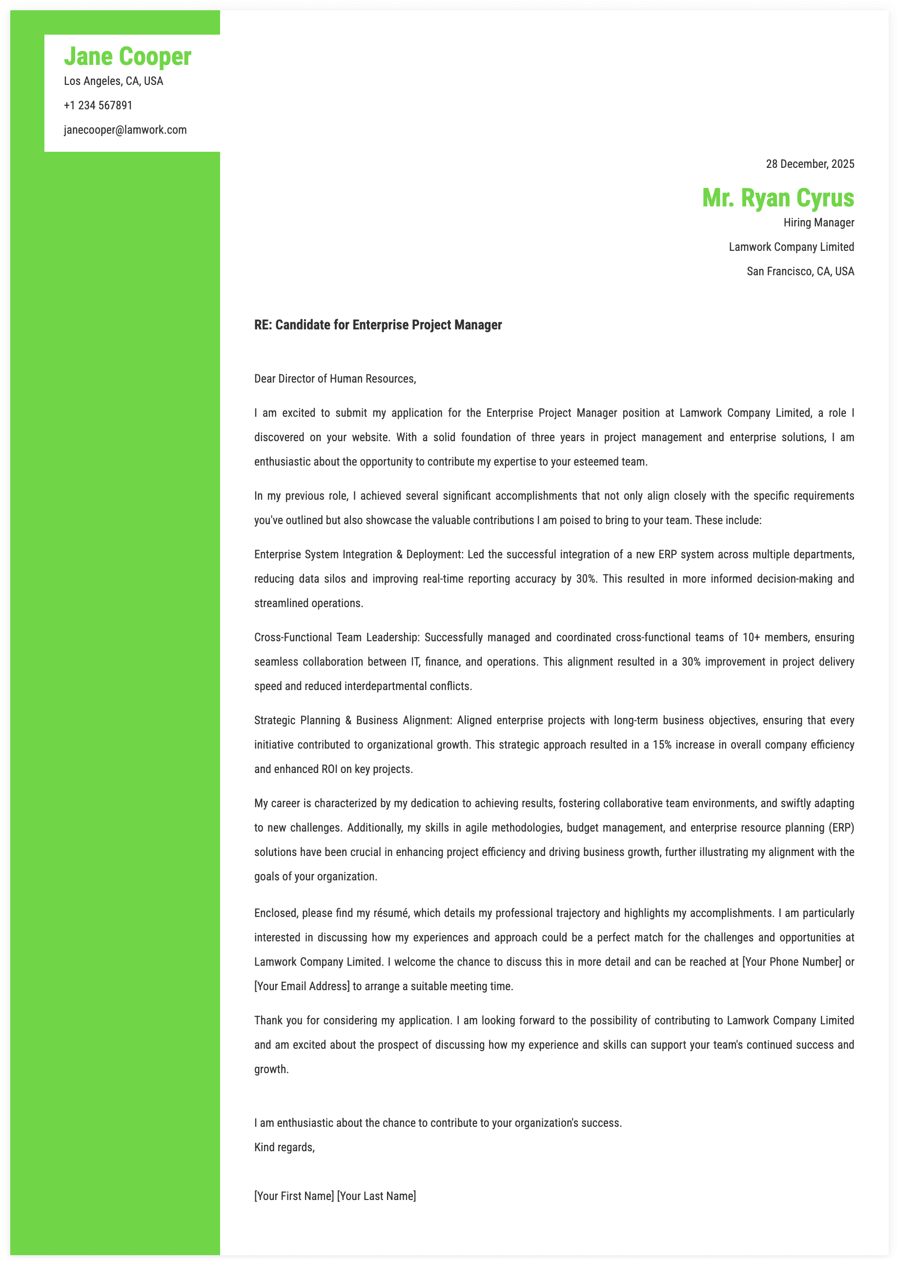 Enterprise Project Manager Cover Letter Template