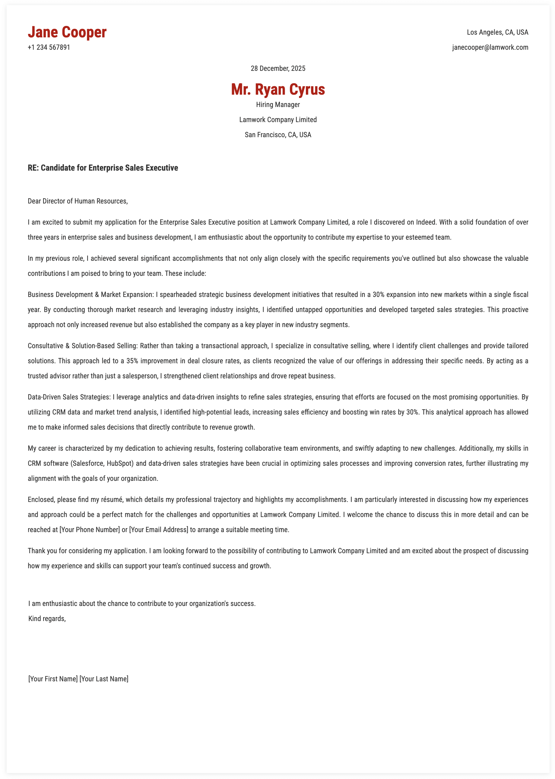 Enterprise Sales Executive Cover Letter Template